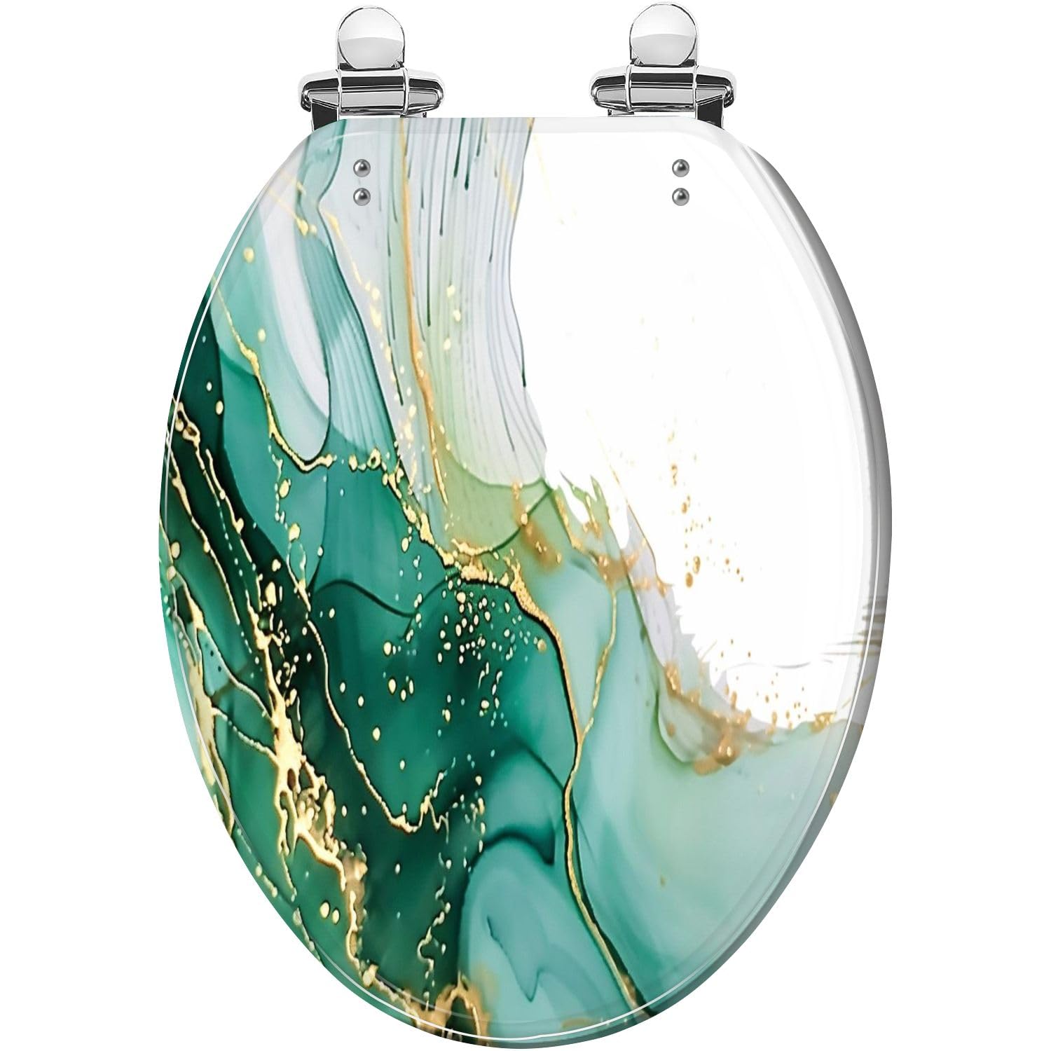 Elongated Toilet Seat Marble green liquid watercolor gold wave pattern Dusty grey emerald Resin Toilet Seat Quietly Close Quick Release Hinges Decorative Toilet Seat with Cover Easy to Install