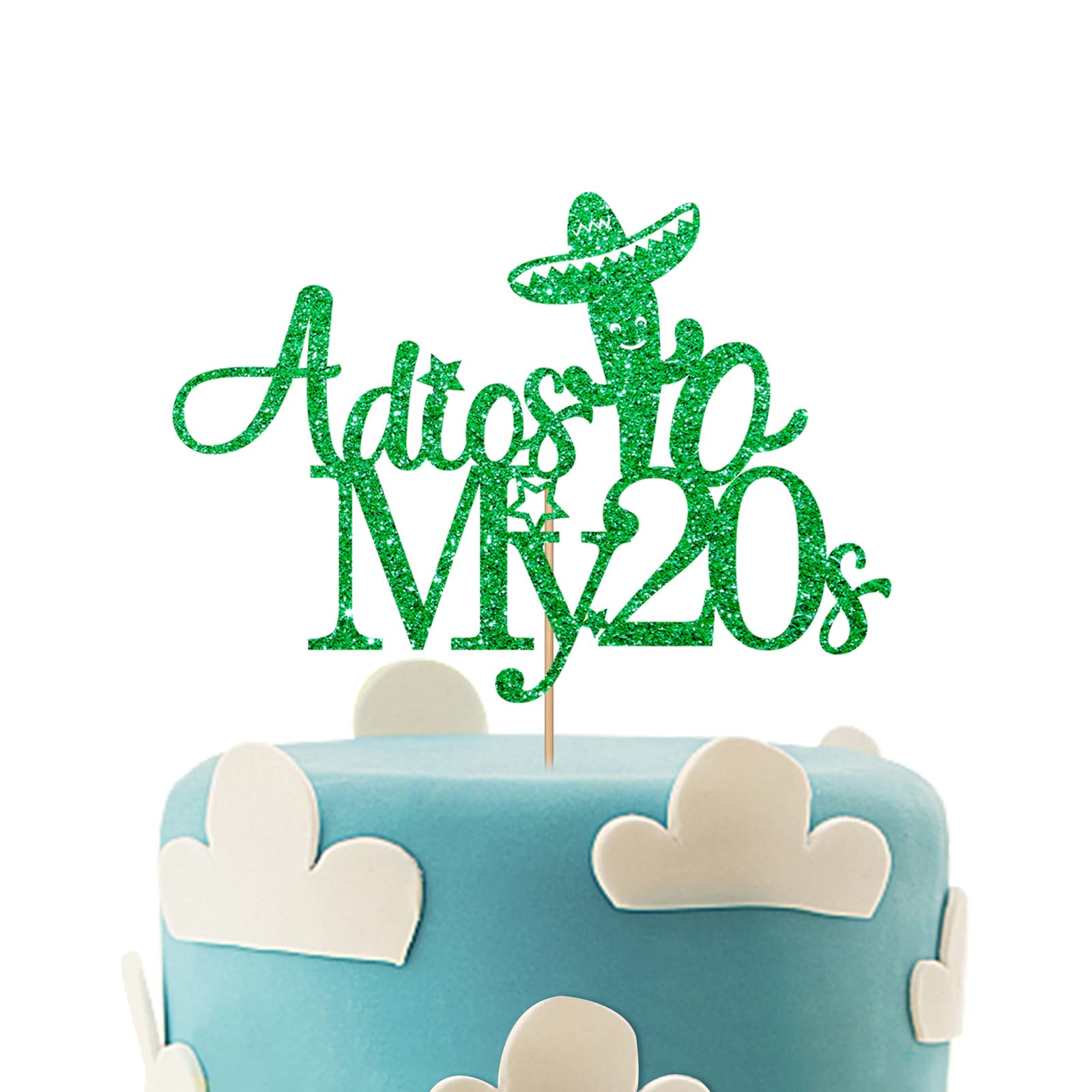 Adios to My 20's Cake Topper, Mexican Themed 30th Birthday Cake Topper, Goodbye to My 20's Cake Decor, Fiesta Happy 30th Birthday Party Supplies Decoration - Green Glitter