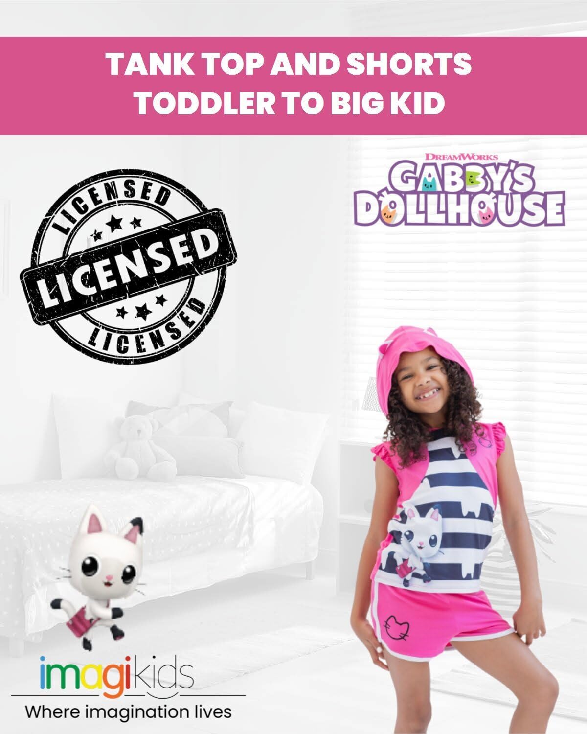 DREAMWORKS GABBY'S DOLLHOUSE Pandy Paws Girls Hooded Tank Top and Dolphin Shorts Outfit Set Toddler to Big Kid