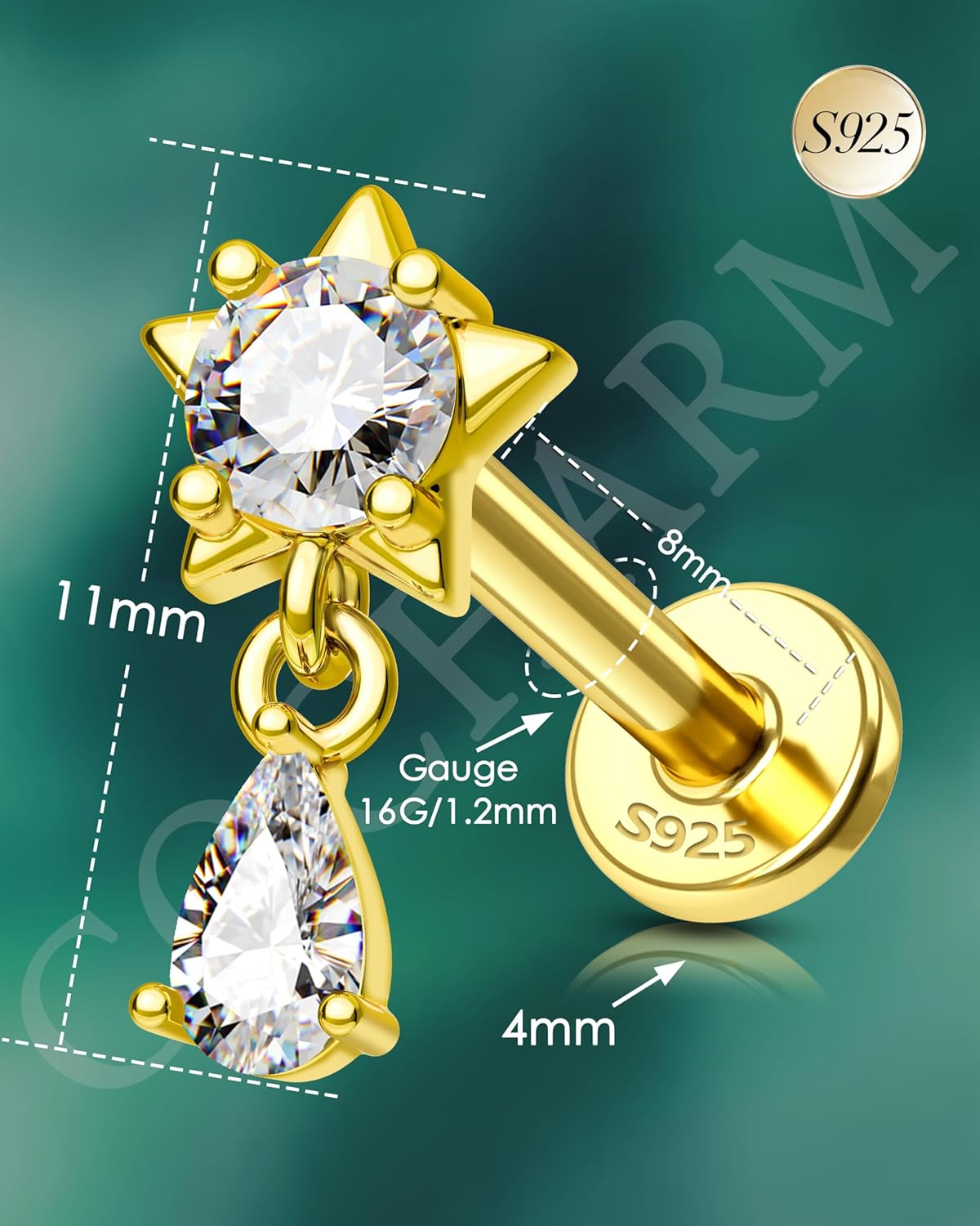 COCHARM 14K Gold Plated Cartilage Earrings Stud 16G Dangle Star 925 Sterling Silver Helix Tragus Earrings Surgical Steel Flat Back Earrings Dangly - Image 3