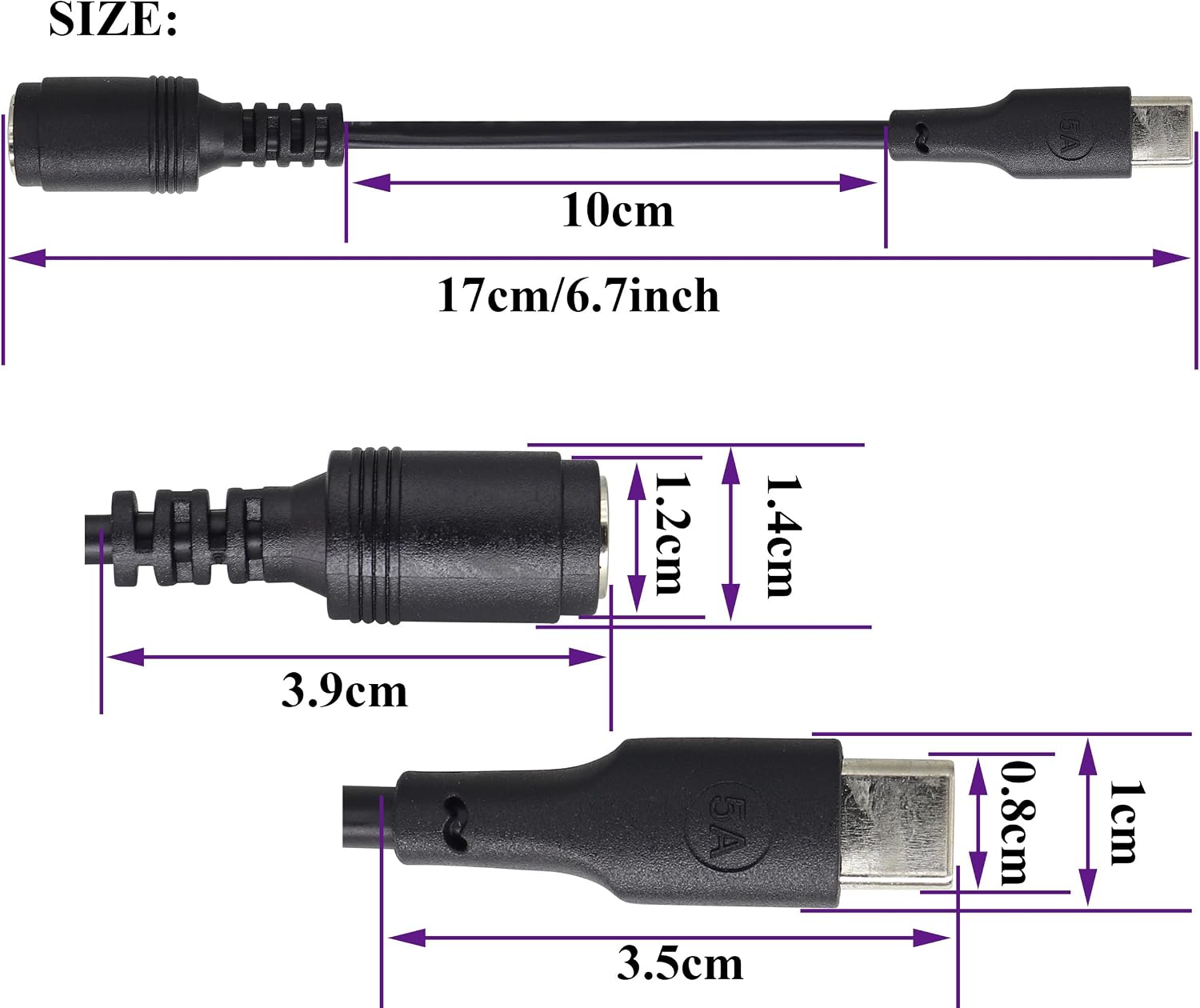 USB Type C Male External to DC 7.4mmx5.0mm Female Internal Connector Quick 5A Charging Power Supply Suitable for Mobile Phones,Tablets,laptops Power Sockets(17cm/6.7inch-2Pack)