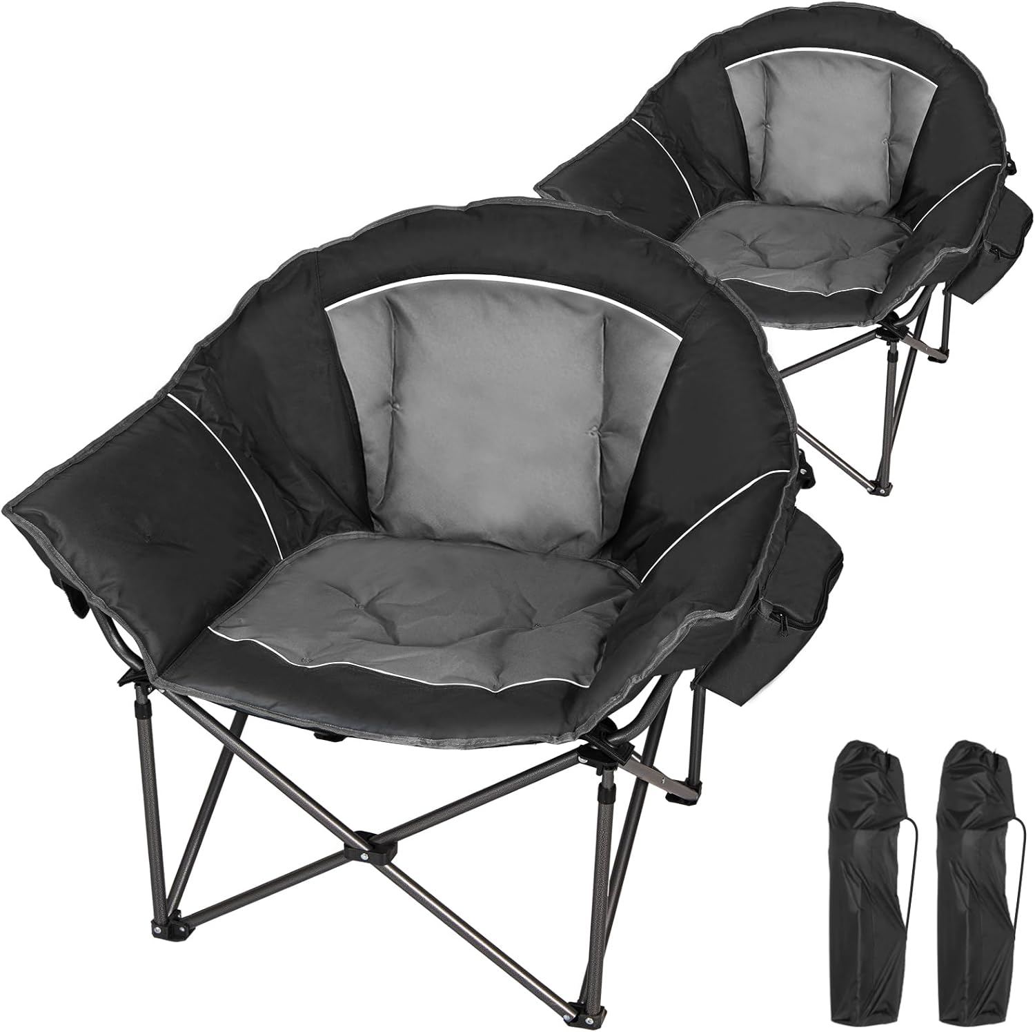 Romswi 2-Pack Oversized XXL Padded Camping Chairs for Adults, 500lbs Heavy Duty Support, 500G Ultra-Thick Cushion Sofa-Like Comfort, Folding Lawn Chair with Cooler Bag & Side Pockets, Black