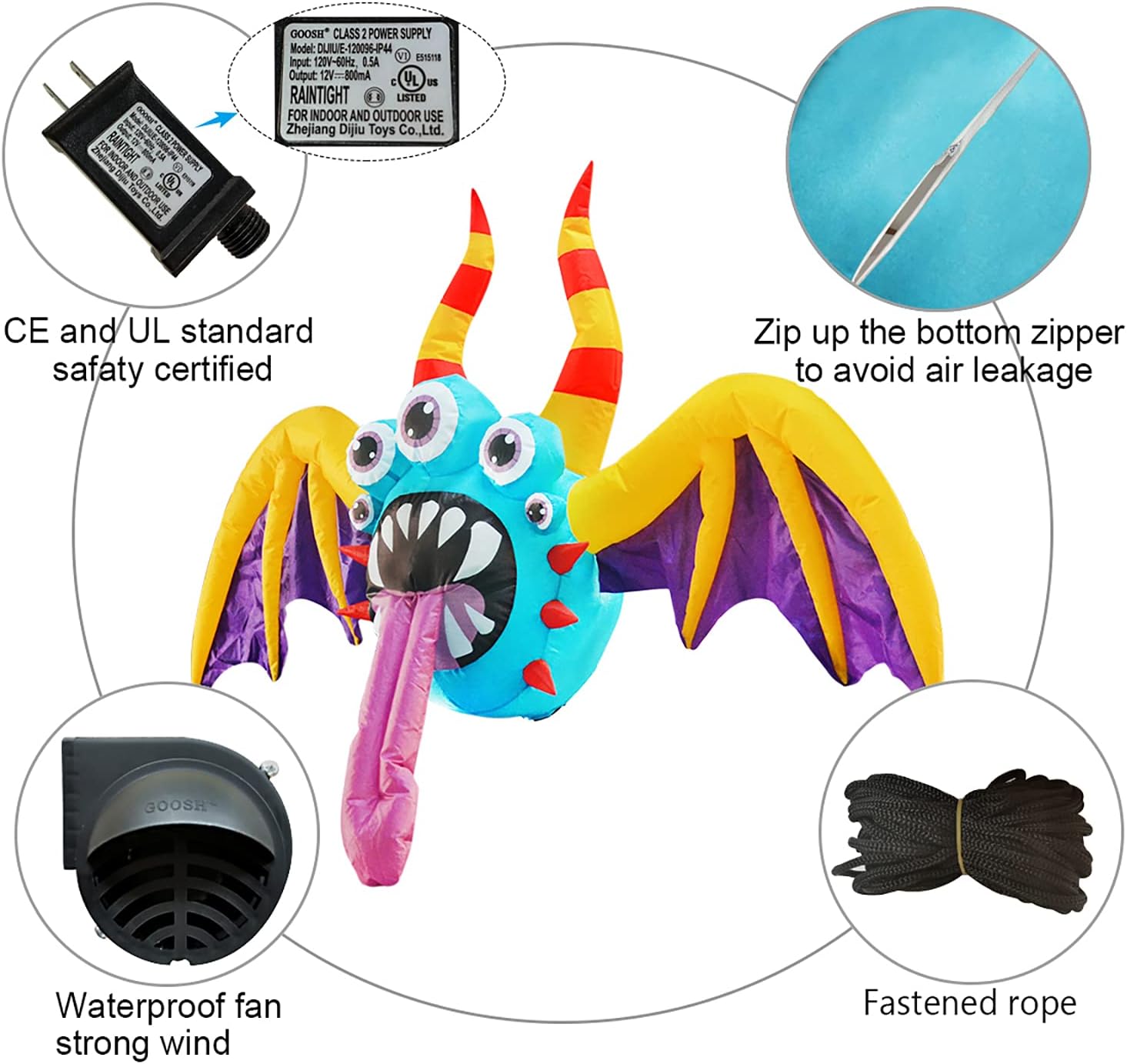 GOOSH 4.4 FT Wide Halloween Inflatable Hanging Bat with 5 Eyes Blow Up Yard Decoration Clearance with LED Lights Built-in for Holiday/Party/Yard/Garden