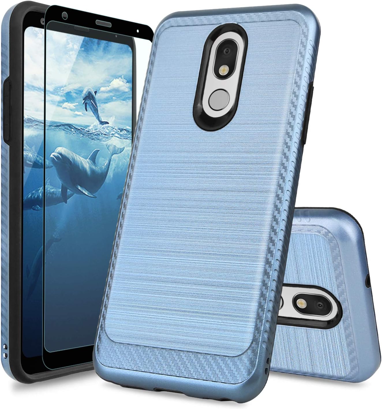 TJS Phone Case Compatible with LG K40/K12 Plus/X4/Solo LTE/Harmony 3/Xpression Plus 2, [Full Coverage Tempered Glass Screen Protector] Shockproof Metallic Brush Finish Hard Inner Layer (Blue)