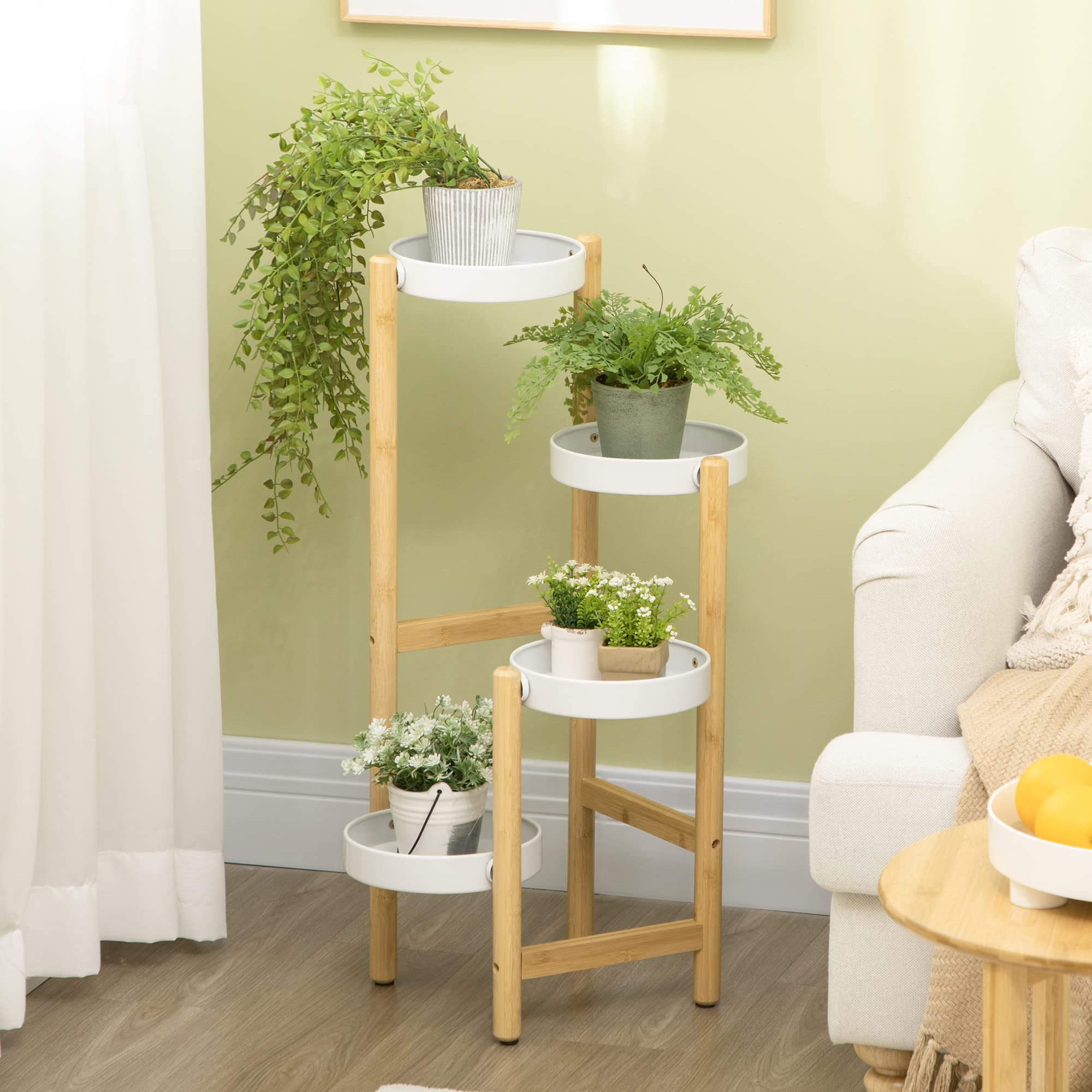 Outsunny Support pour plantes piédestal 4 niveaux 28 x 28 x 80 cm Blanc | Étagère à Fleurs, Étagères Rondes, Bambou et Métal, pour Extérieur Intérieur