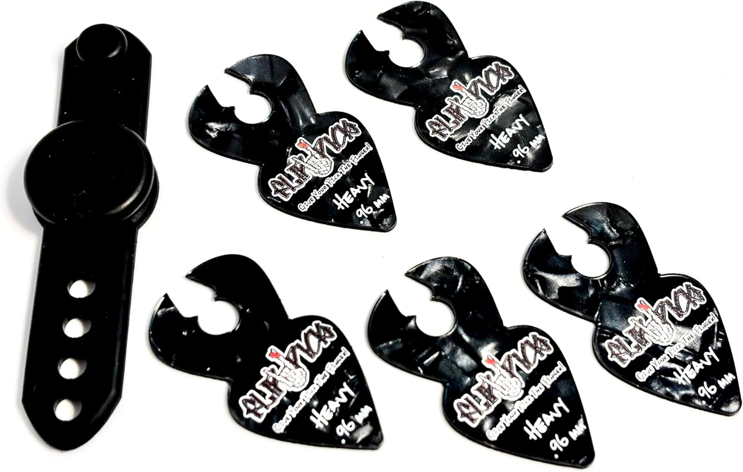 Heavy RAVEN Guitar Pick Bundle with Finger Strap, Complete System, 0.96mm Thick, 7-Piece Set
