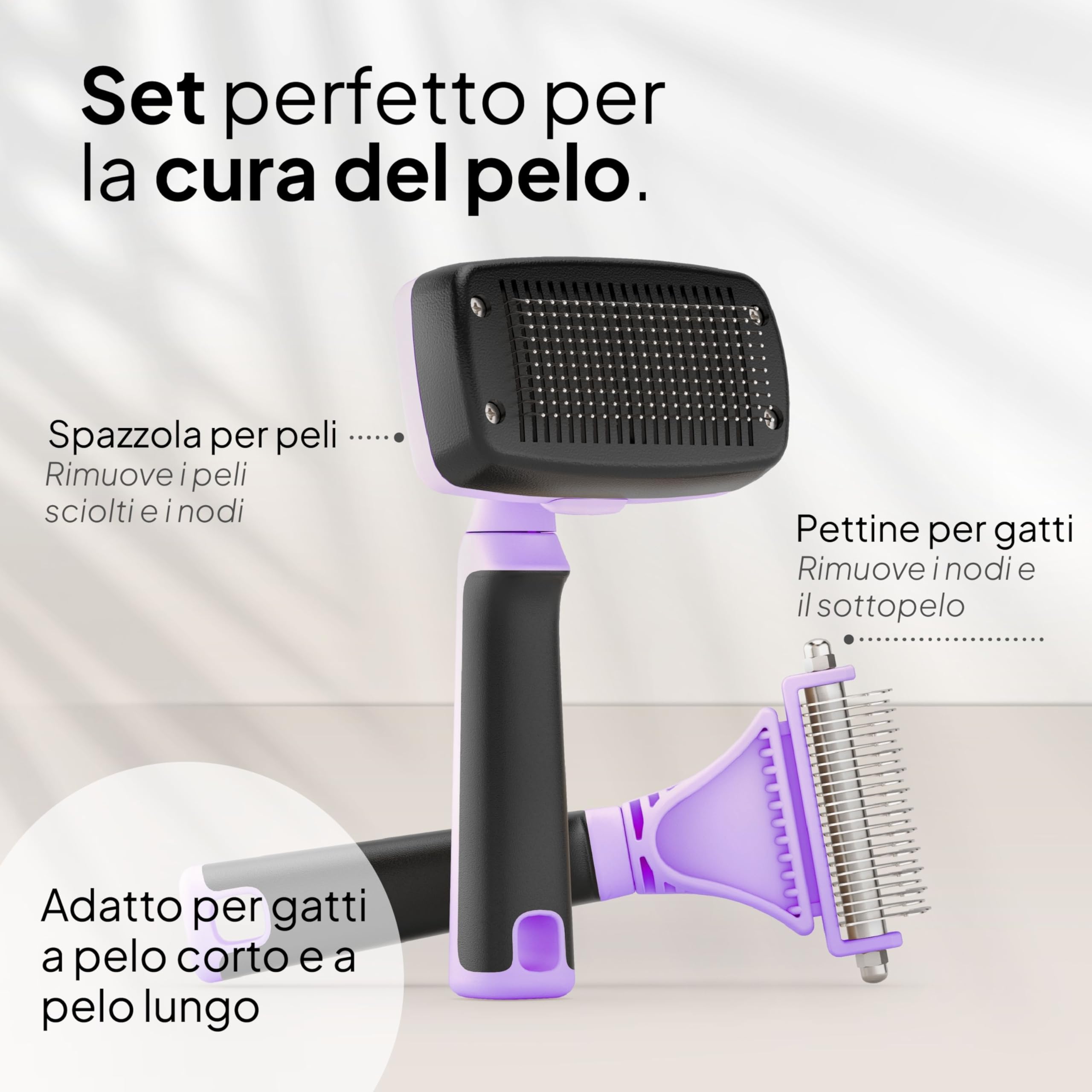 Pretty Paw Spazzola per Gatti Set 2 Pezzi con Cardatore Autopulente e Pettine Sottopelo - Rimozione Pelo Morto per Muta e Cura Quotidiana (Viola)