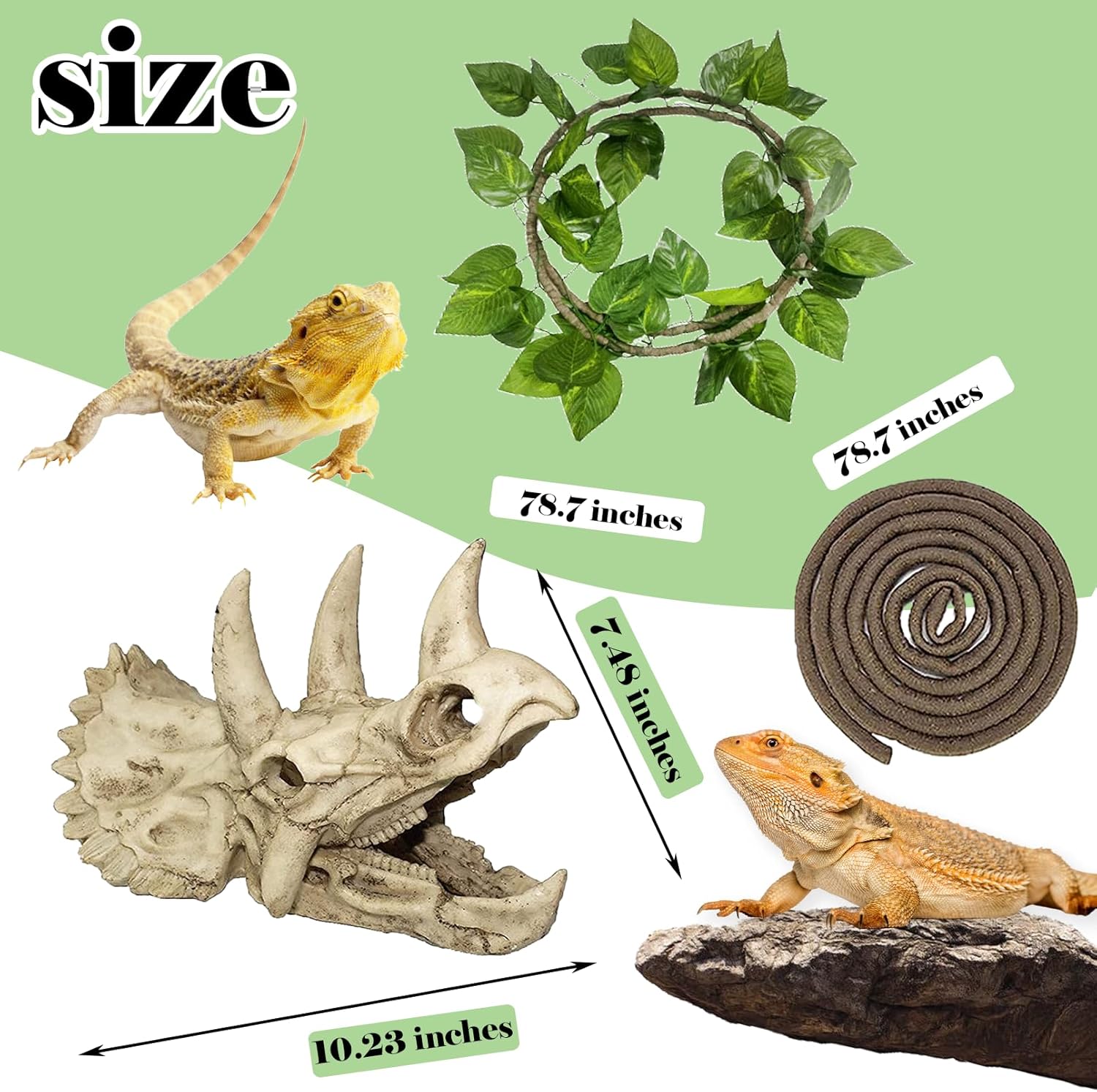 kathson Reptile Resin Dinosaur Skull Decoration Bearded Dragon Tank Triceratops Skeleton Accessories Vines Flexible Leaves Decor for Lizards Tortoises Snakes Frogs(3 PCS)