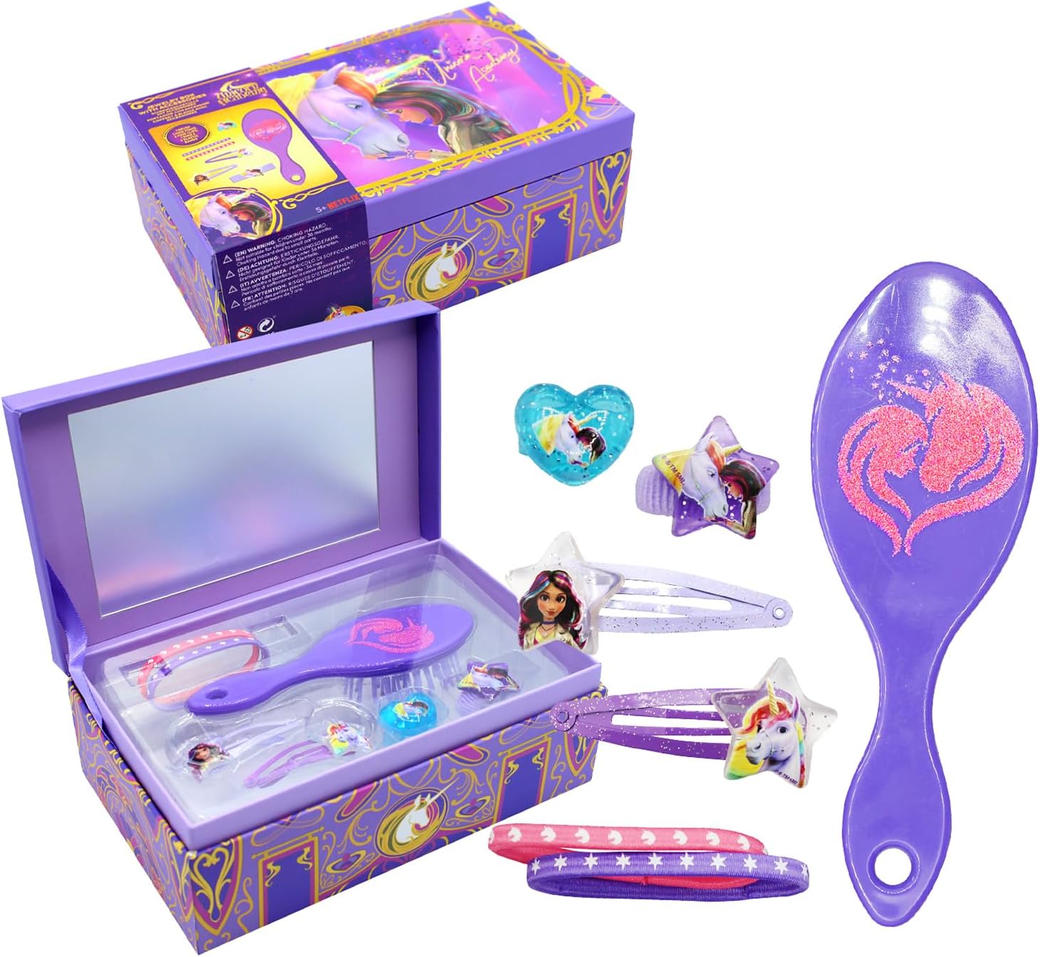 Joy Toy Unicorn Academy Jewellery Box with Accessories: 2 Hair Clips, 1 Ring, 1 Braid Holder, 1 Bracelet, 1 Hair Brush