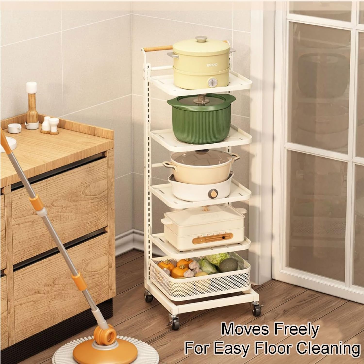 TemkIN 5-Tier Multifunctional Adjustable Pan & Pot Rack for Cabinet, Standing Pot Storage for Kitchen Organization & Storage, Pot Lid Organizer, White