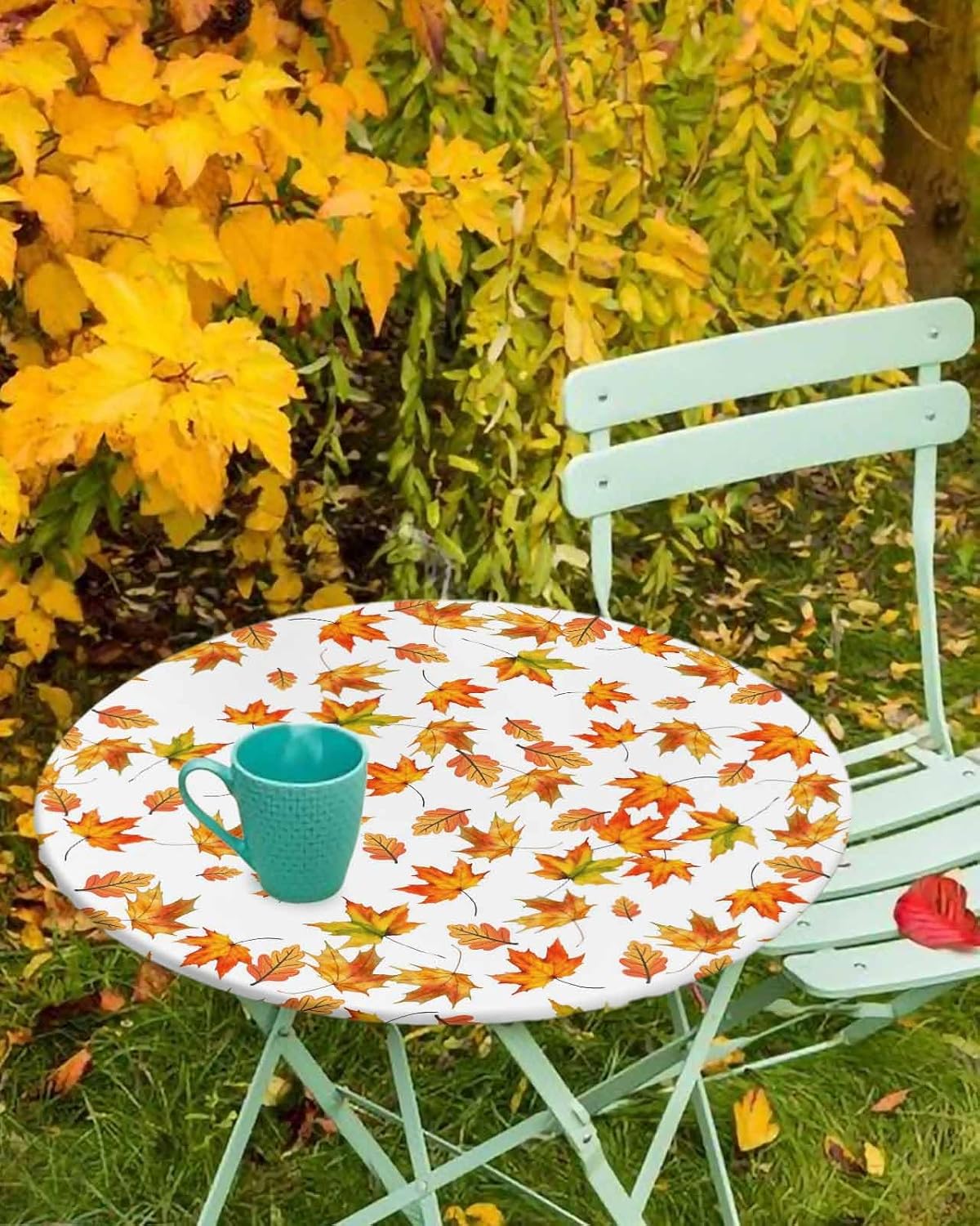 Round Fitted Tablecloth Elastic Edged Table Cover,Thanksgiving Fall Maple Leaves Waterproof Wipeable Table Cloths for Kitchen Dining Party Fit up 55-60in Tables,Retro Farm Seamless Leaf