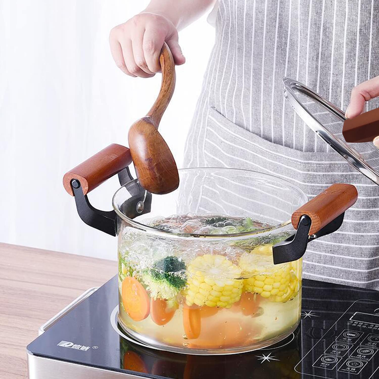 ABHOME Cacerola de vidrio con tapa para cocinar olla de vidrio, estufa de 5 l resistente al calor de madera doble asas estufa vidrio transparente para cocinar leche, pasta y alimentos para bebés