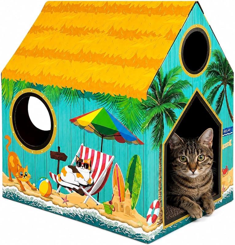 Casa de Papelão para Gatos Cinrobiye com Arranhador, Toca e Cama para Gatos, Coelhos e Pequenos Animais (Beach)