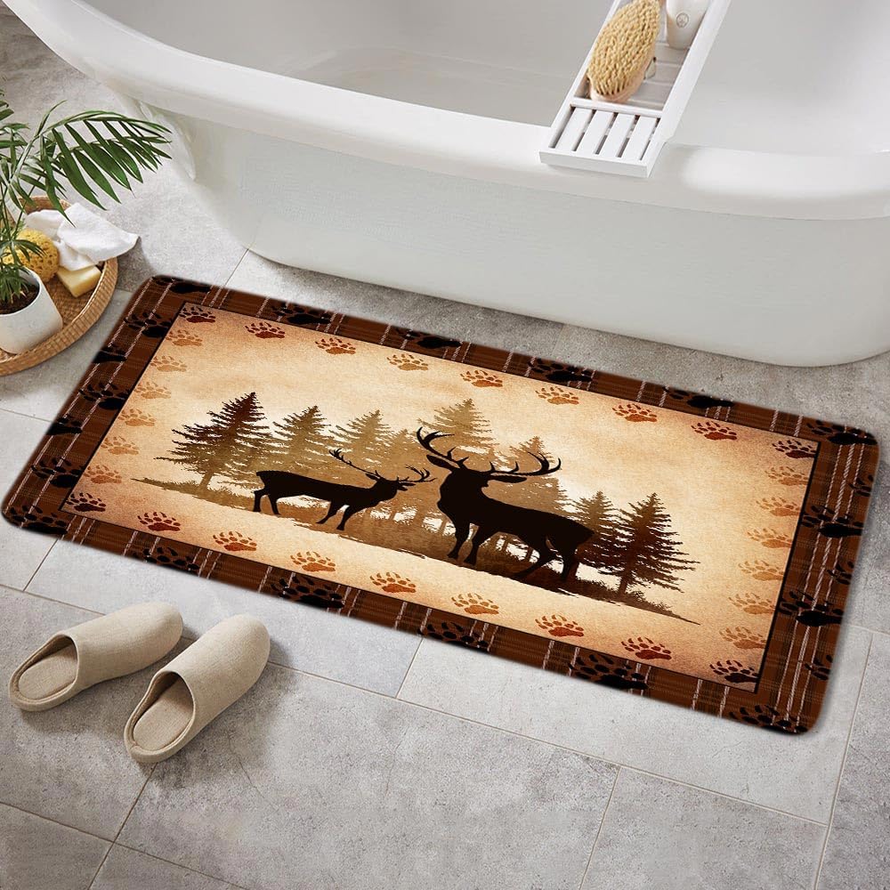 Rustic Cabin Lodge Deer Bath Rugs for Bathroom, Forest Animal Vintage Print Country Farmhouse Wooden Board Bathroom Rug Bath Mat Set Floor Mats, Hunting Camping Brown Doormat Outdoor Indoor 17X48in