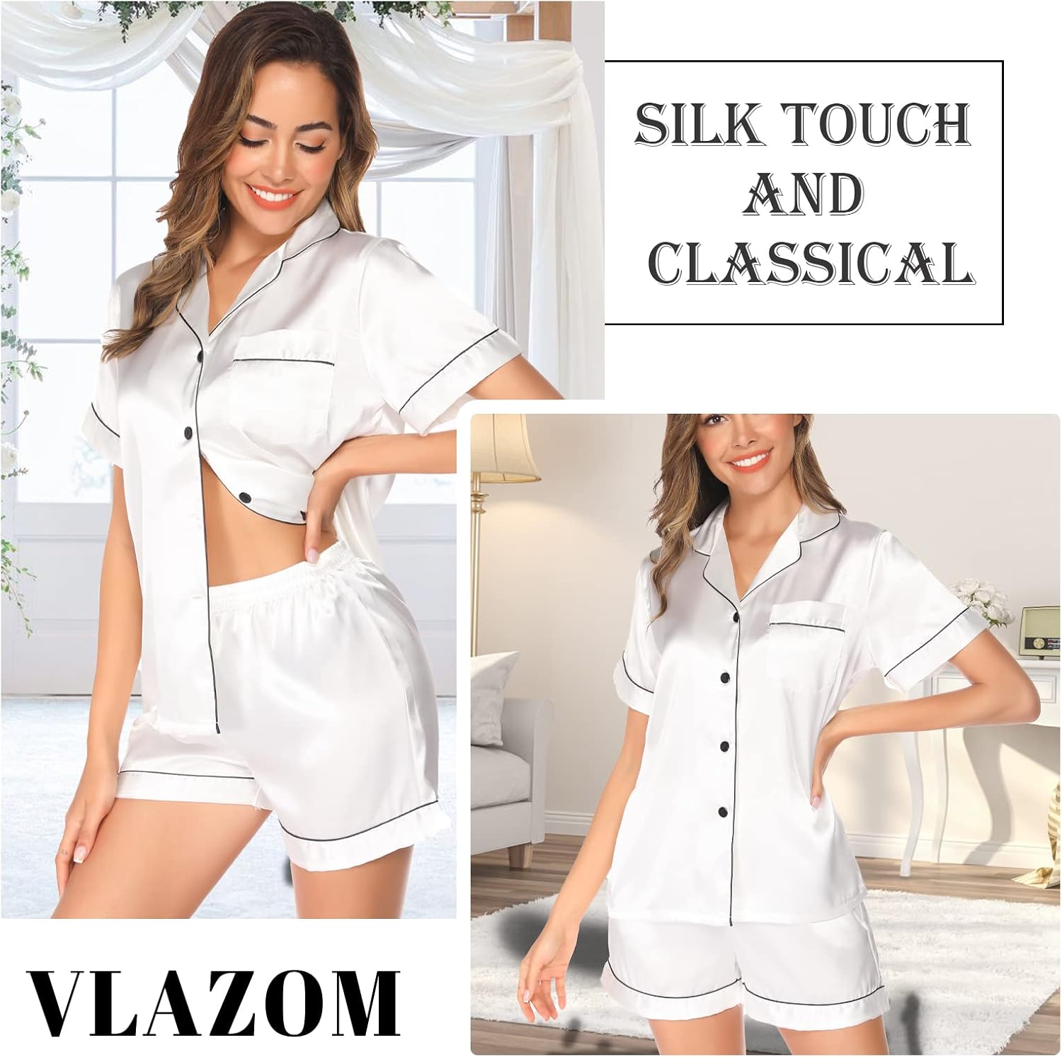 Vlazom Pyjamas for Women, Soft Satin Pjs Set Two Piece Silk Pyjamas for Ladies Button Down Sleepwear Loungewear 6-24 UK Size 4 710cGHoo3KL. AC SL1500