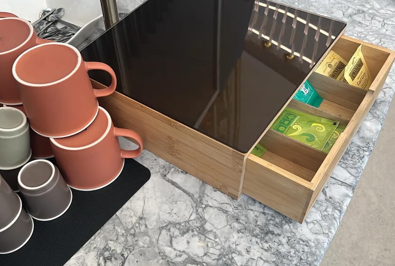 Portacapsule Bambù Con Cassetto Scomparti Caffè Organizzatore Capsule Cialde Tisane Tè Bustine Di Zucchero Bicchierini 30x30x10Cm