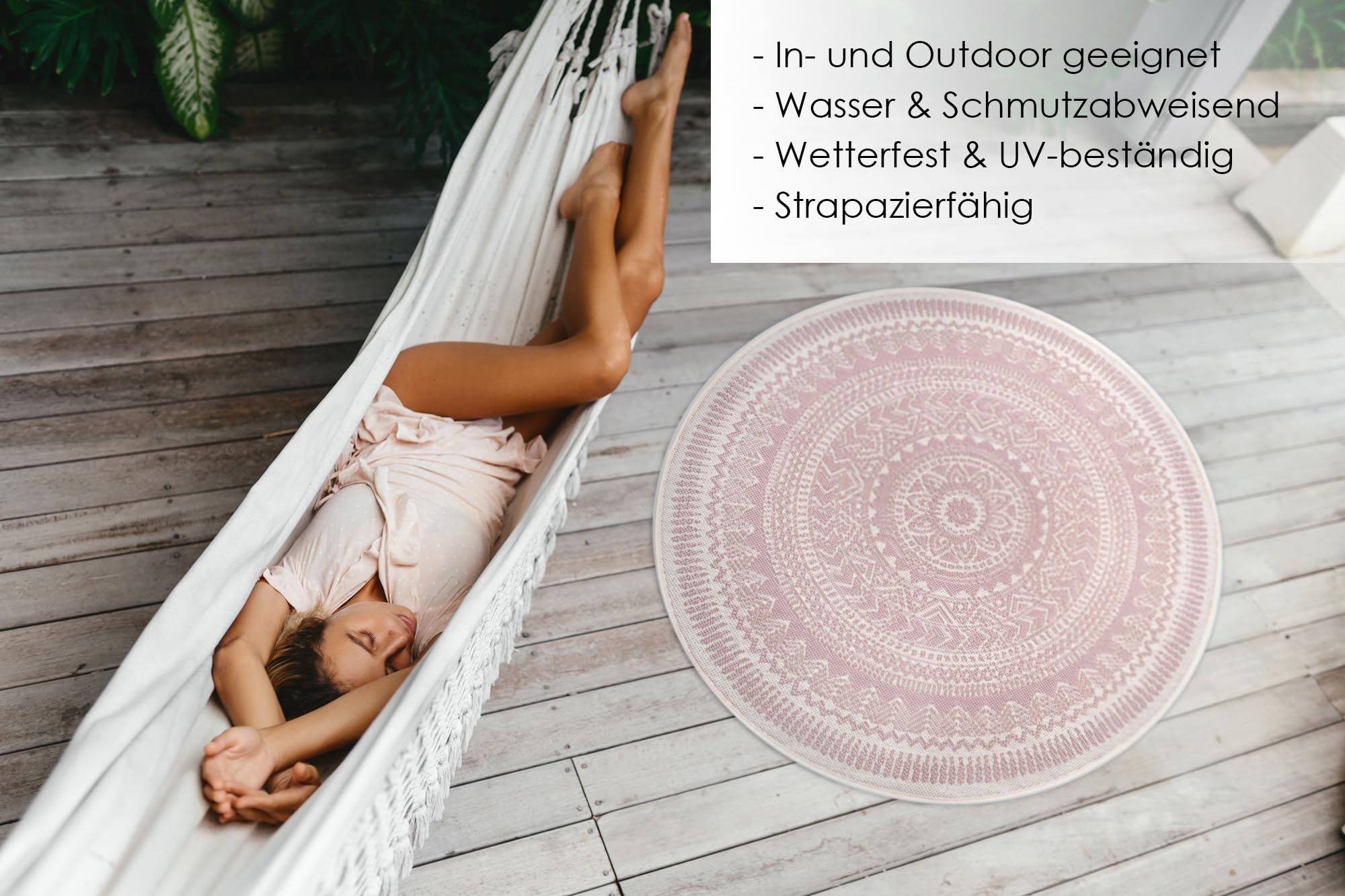 DomDeco In- und Outdoor-Teppich Rund - 120x120cm - Stilvoller Teppich für Innen- und Außenbereich - Beige-Rosé
