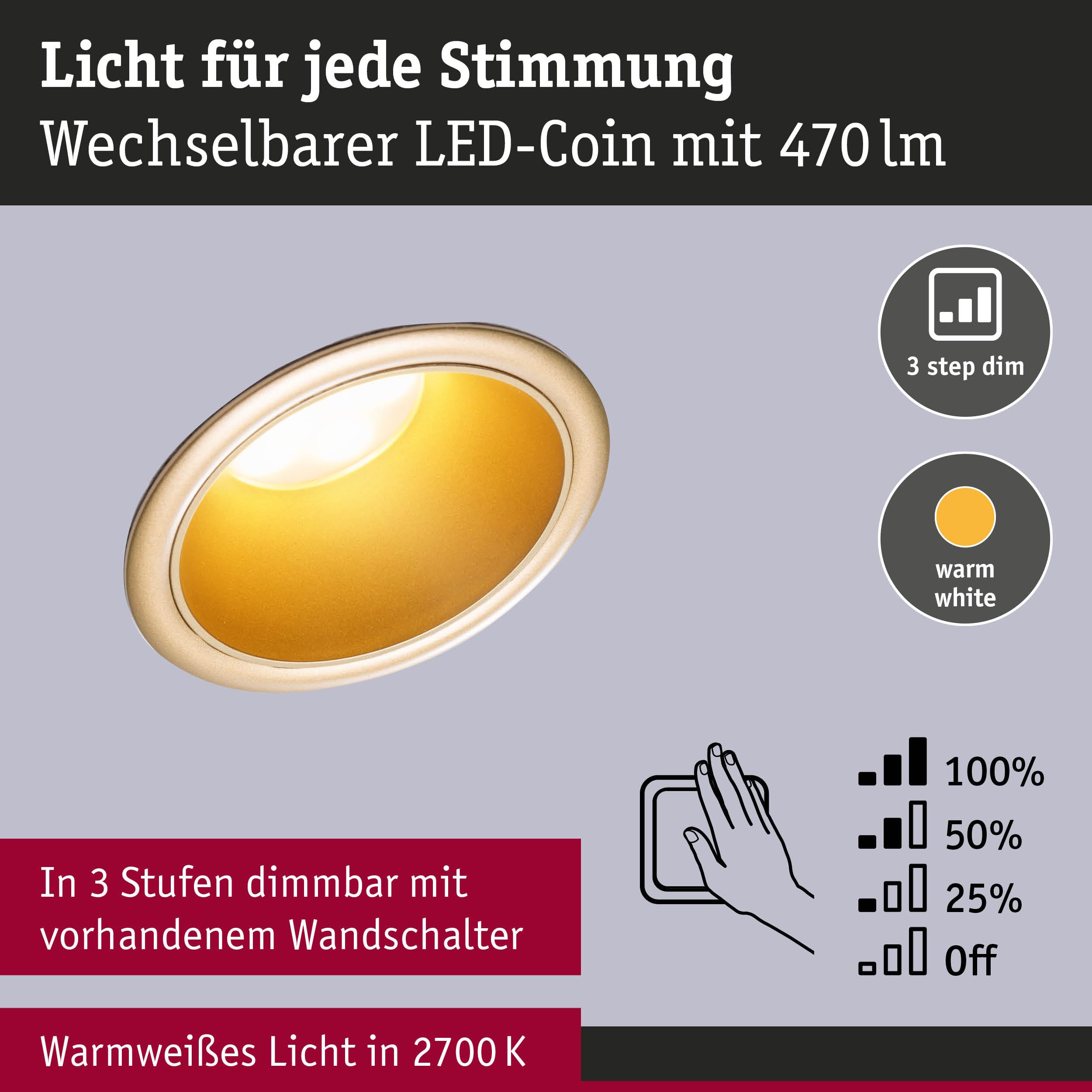 Paulmann 98201 LED Einbauleuchte Cole Coin 6er-Set IP44 rund 88 mm Coin 6x6W 6x470lm 230V dimmbar 2700K Gold matt