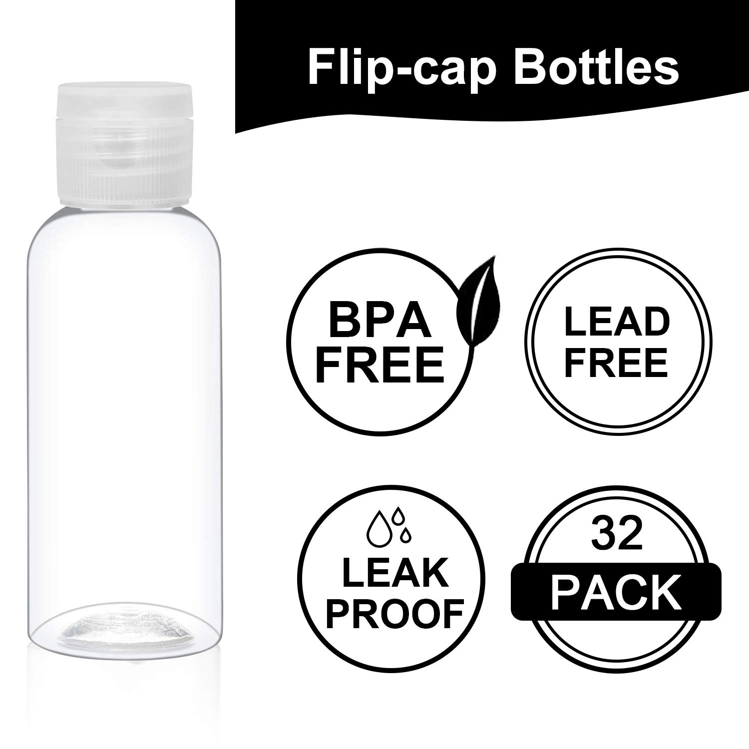 2 oz/60ml Plastic Bottles with Flip Cap, Empty Refillable Bottles for Travel, Shampoo, Cream, Liquid, Lotion, Body Soap, Set of 32(Clear Cap)