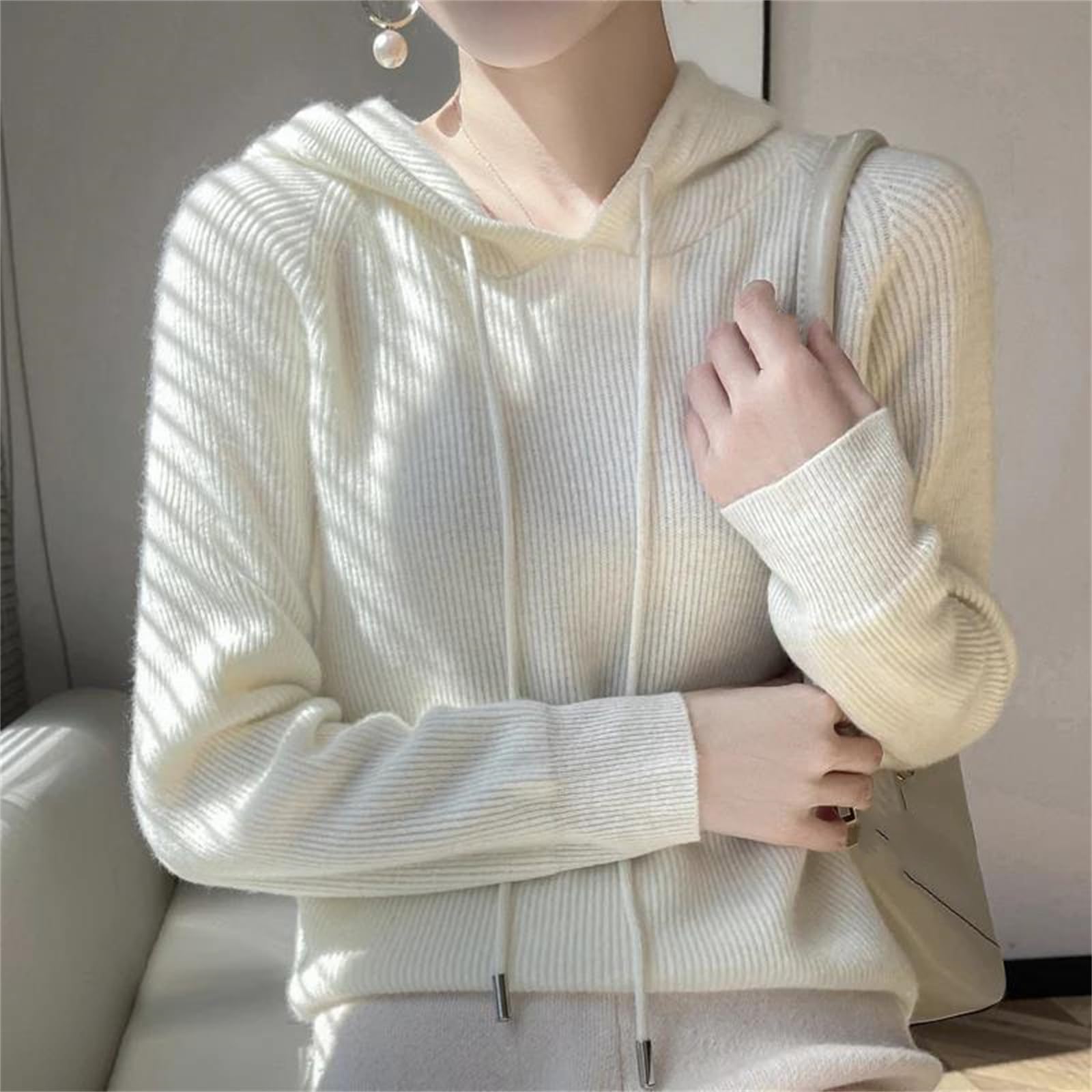 Maglione da donna in cashmere con cappuccio in maglia con cappuccio primaverile con colletto con cappuccio camicia base top allentato giacca da donna bianca, bianco, L