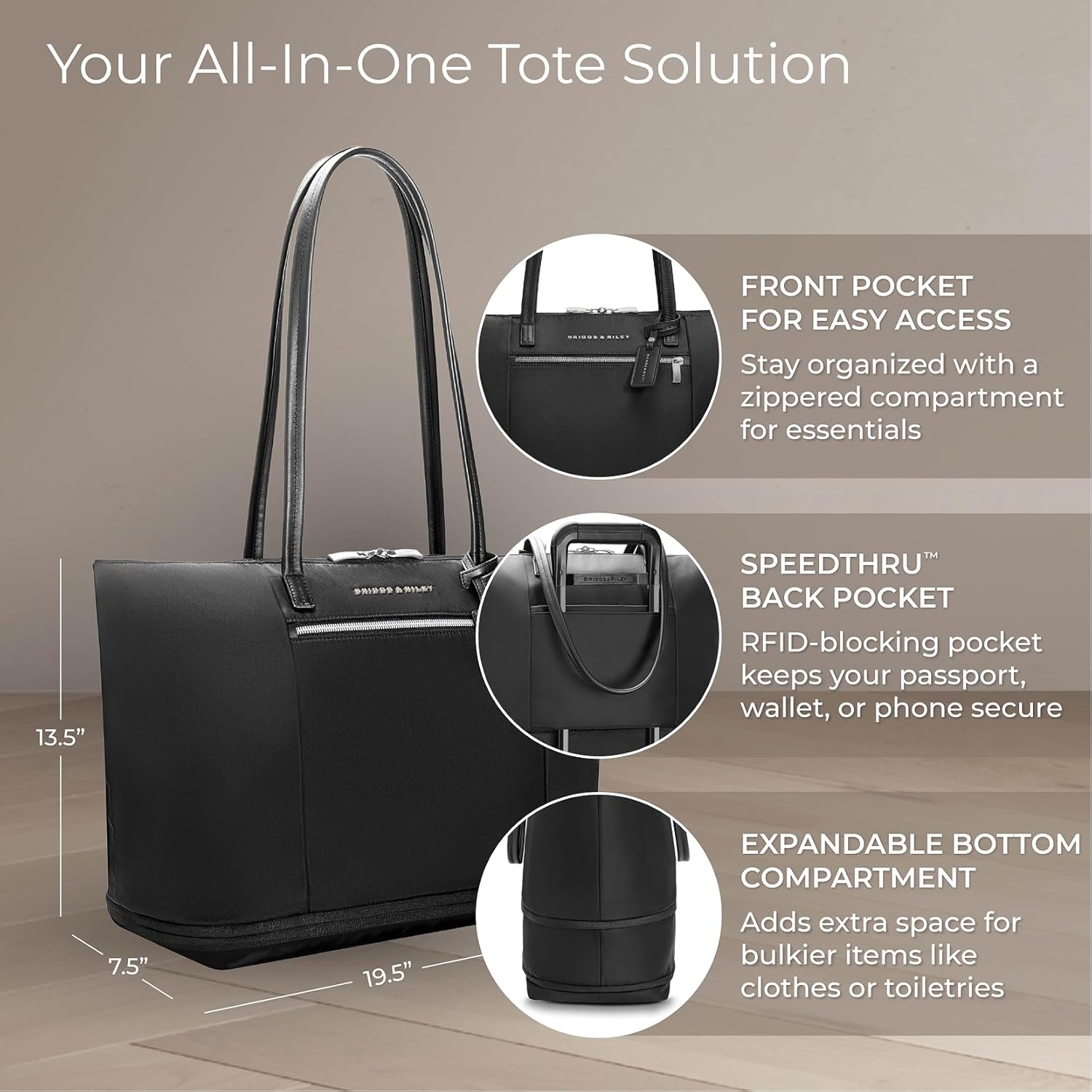 Briggs & Riley Expandable Tote Bag - Nylon Handbag with 4" Expansion, Smooth Zipper, Fits 13" Laptop - Rhapsody Collection - Image 3