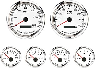 MOTORMETER RACING W PRO 6-Gauge Set: 85mm GPS Speedometer & Tachometer, 52mm Volt Fuel Water Temp Oil Pressure - White Dial Red LED for Car Boat Truck
