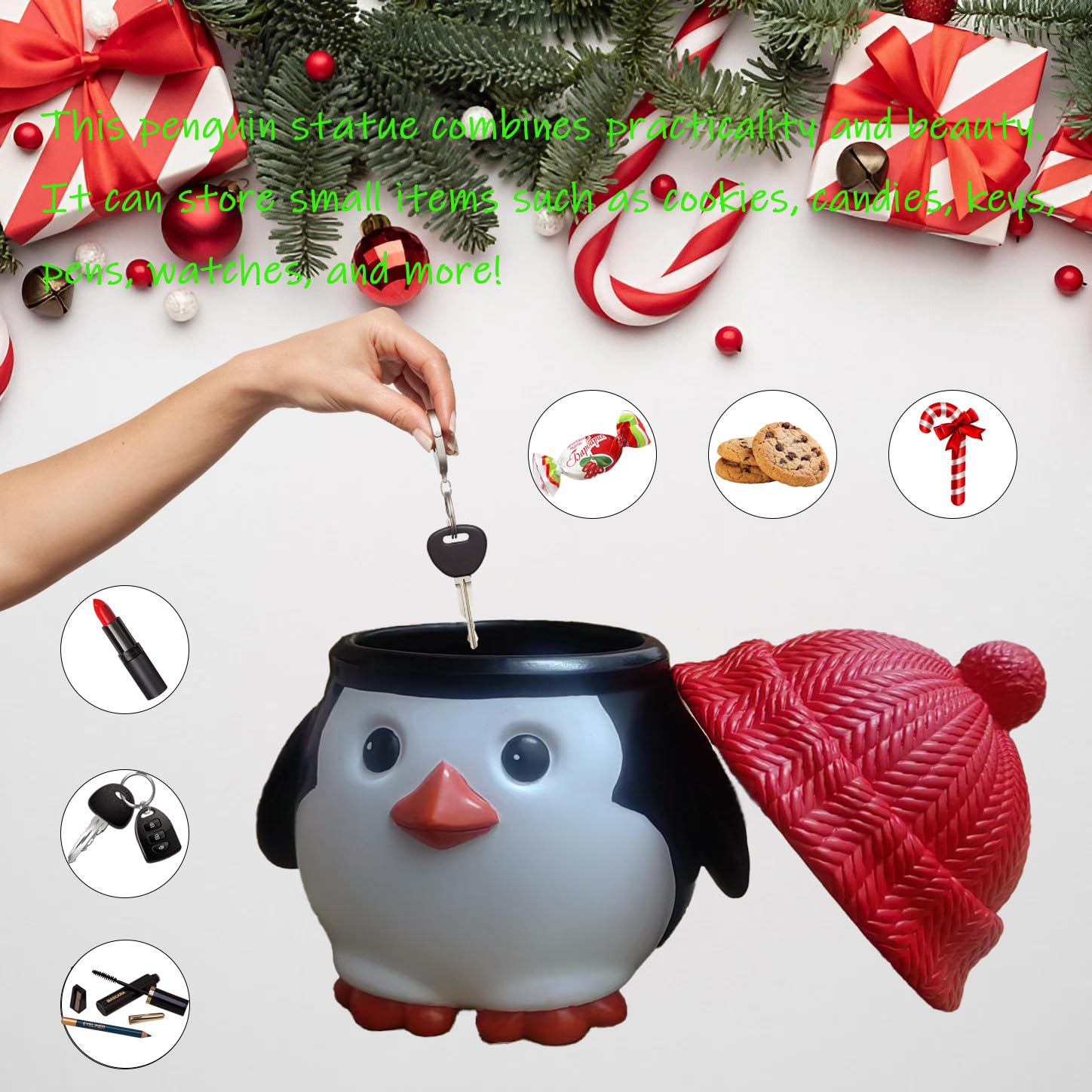 Cute Large Penguin Statue Cookie Jar & Candy Bowl - Handmade Resin Storage Container, Home Office Desk Decor - 8.26x7.16x6.45 Inches