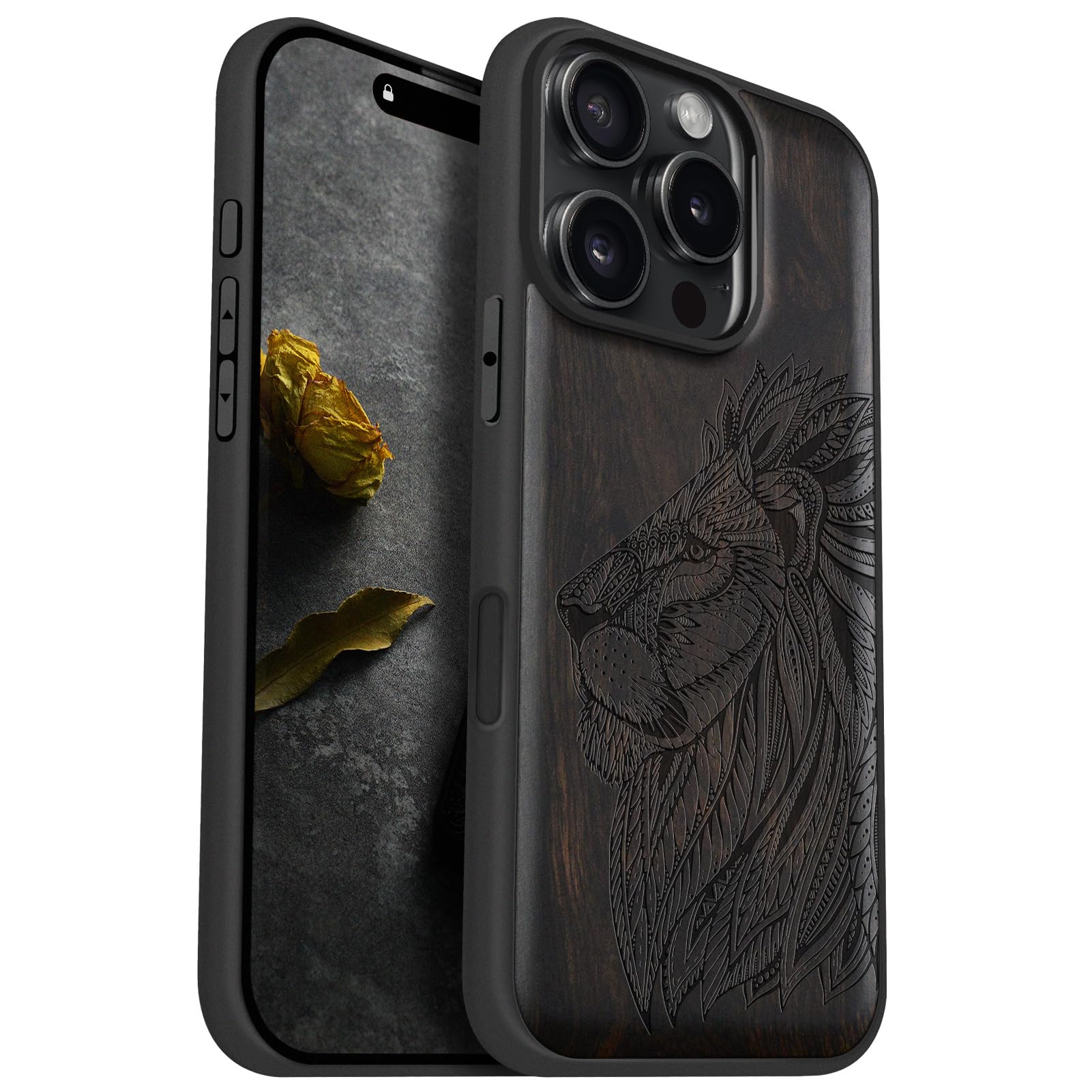 Carveit Magnetic Wooden Case for iPhone 16 Pro Case, Wood Artisan Engraved & Black Soft TPU Shockproof Cover, Compatible with MagSafe Wireless