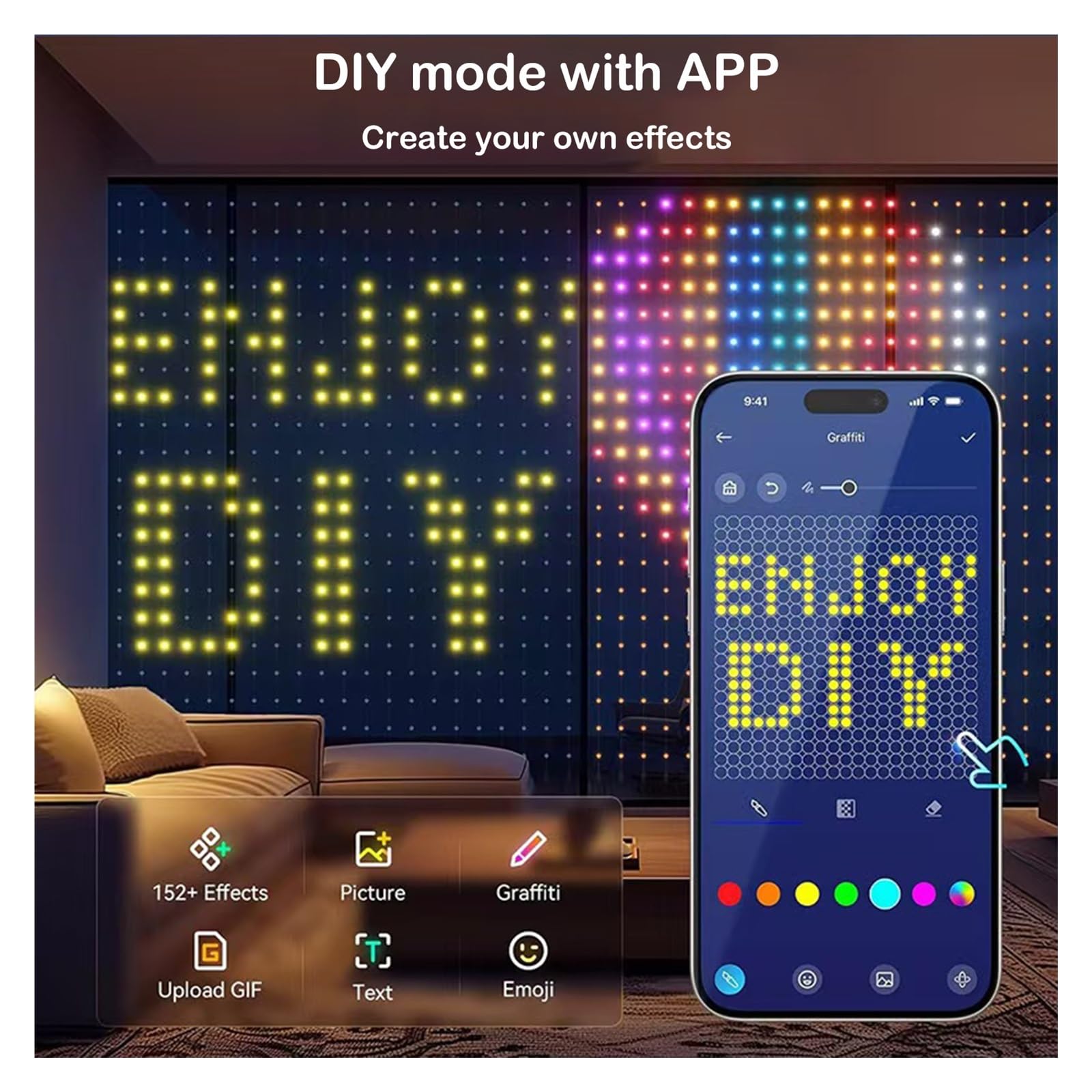 Rideaux Lumineux, Rideaux Lumineux LED Intelligents avec Application et Télécommande, Guirlande Lumineuse Dynamique de Synchronisation de Musique, Applique Murale RVB à Changement de Couleur, for Toil
