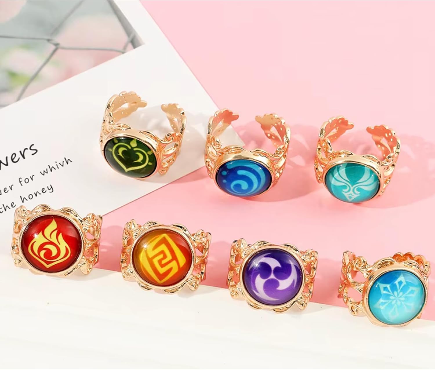 retsamradassaT Genshin Vision Impact Adjustable Cosplay Costume Rings, Set of 7 Elemental Anemo Geo Electro Dendro Hydro Cryo Pyro Element