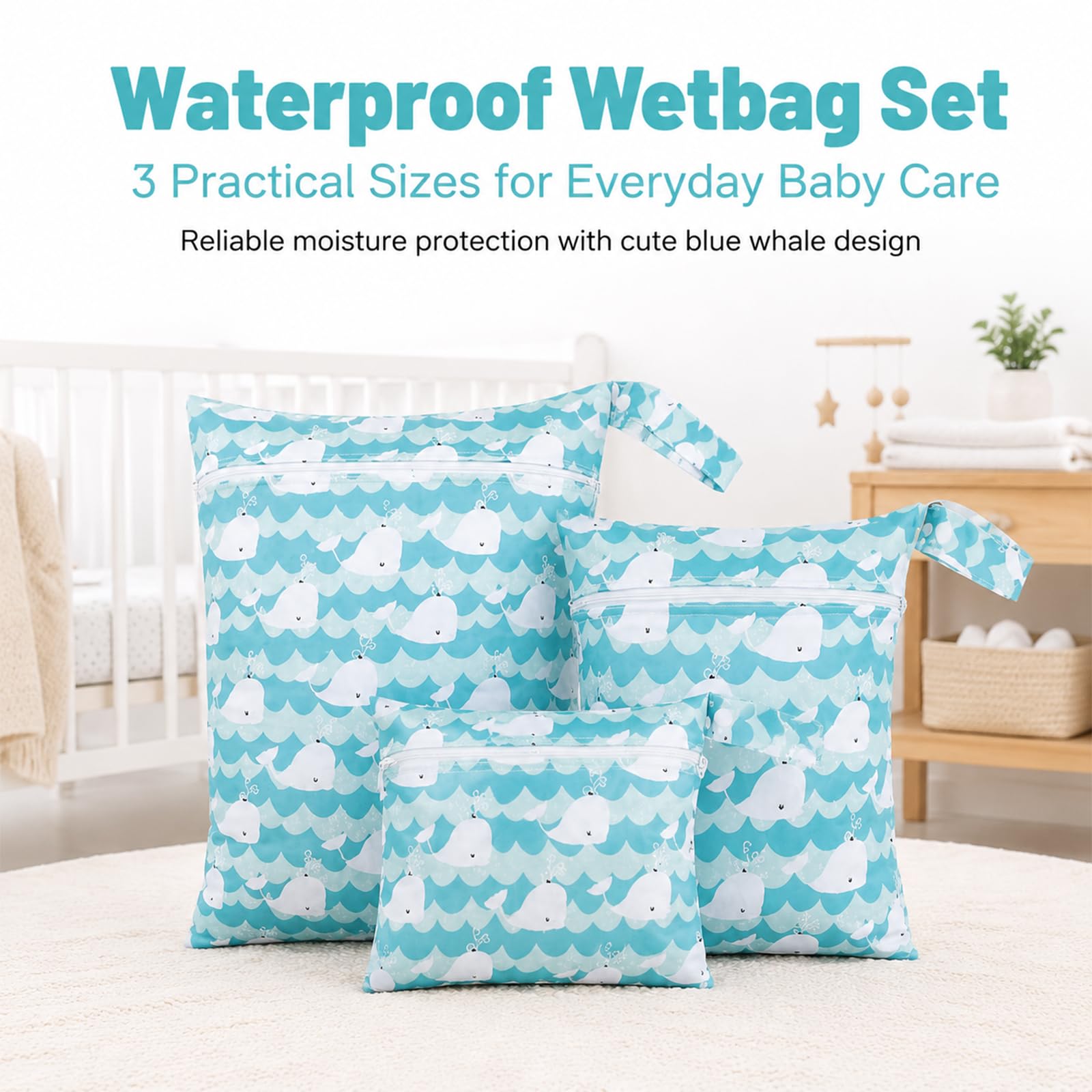 Set da 3 Wetbags Blu Balena Design, Borse Impermeabili per Pannolini e Indumenti bagnati per Neonati e Asilo, Wetbag Portatile per Viaggio con Dolce Motivo Balena