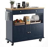 KNOWORLD Blue Rolling Kitchen Island with Storage: 35.4" Wood Top Cart, 2 Drawers, Towel Rack, Lockable Wheels