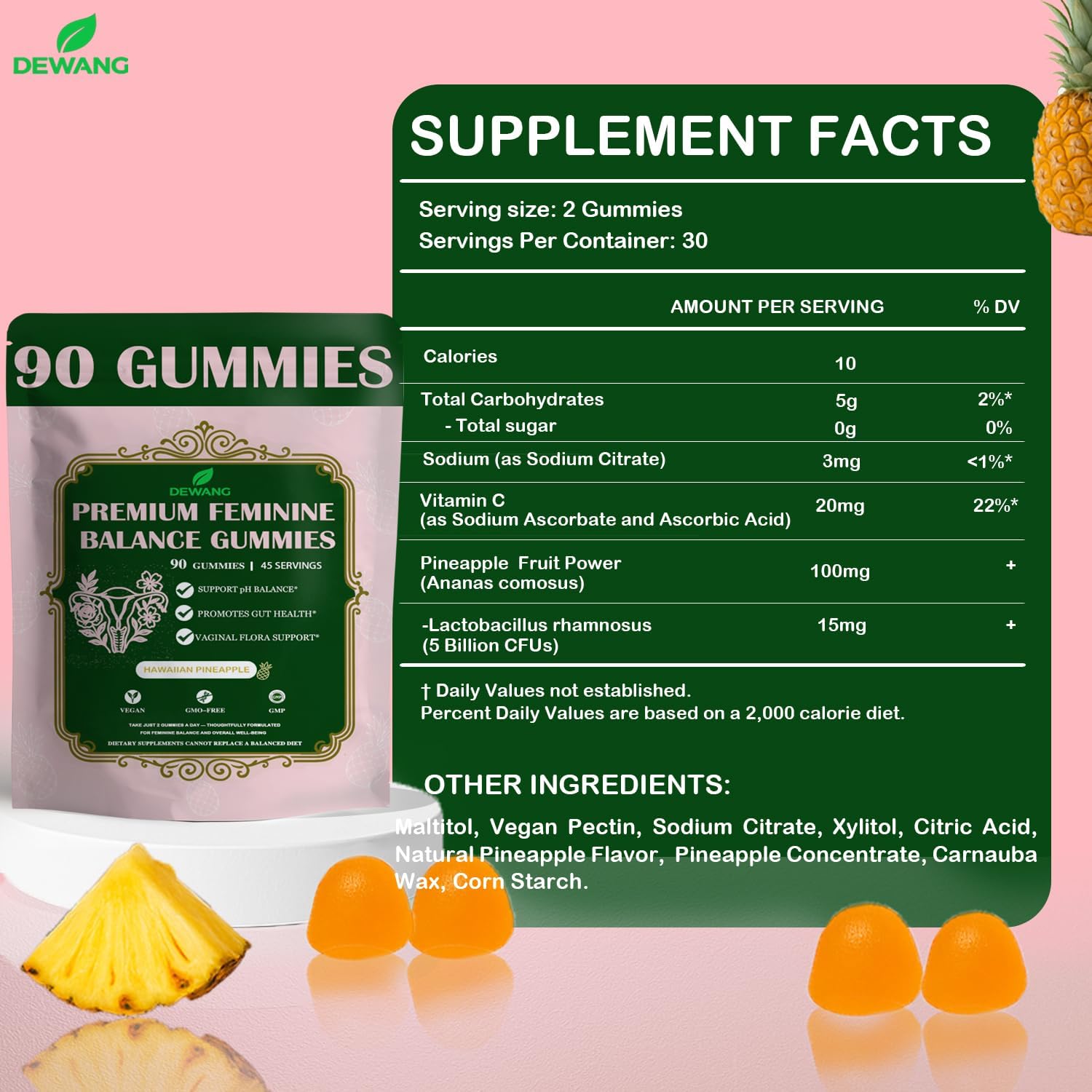 DEWANG Premium Feminine Balance Gummies for Women’s - Immune Support& PH Balance - Vegan, Gluten-Free - Pineapple Flavor, 2 Pack
