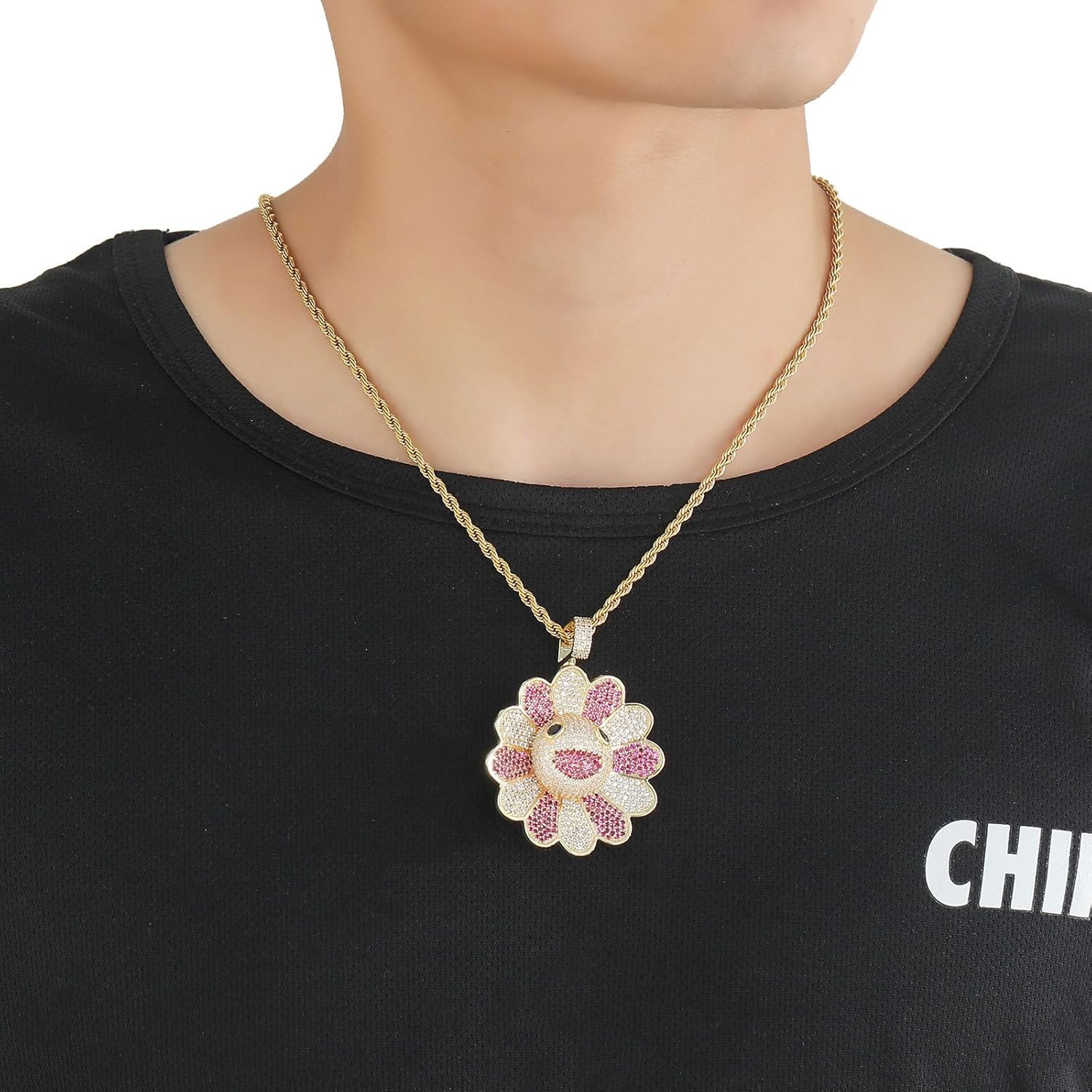 Iced Out Necklace for Men - Sunflower Pendant Sunflower Hip Hop Pendant - Copper Plated 18K Gold Micro Inlaid Zircon with 23.6in Rope Chain Hip Hop Rapper Jewelry Giftting