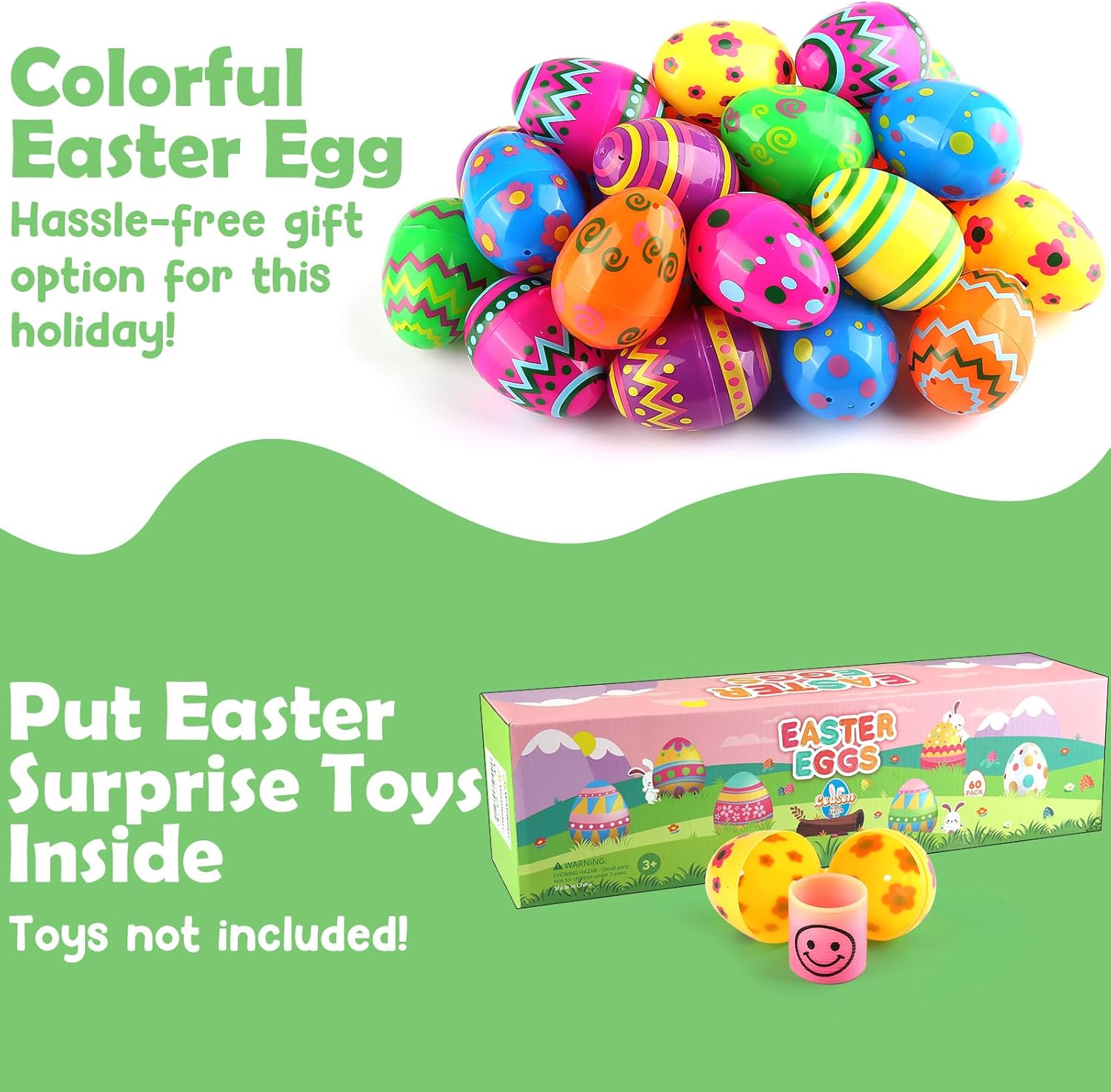 LEASEN 60 Pack Printed Easter Eggs Bulks, 2.3 Inches Empty Plastic Easter Eggs Fillable for Easter Egg Hunt, Easter Party Favor for Kids, Basket Stuffers Fillers