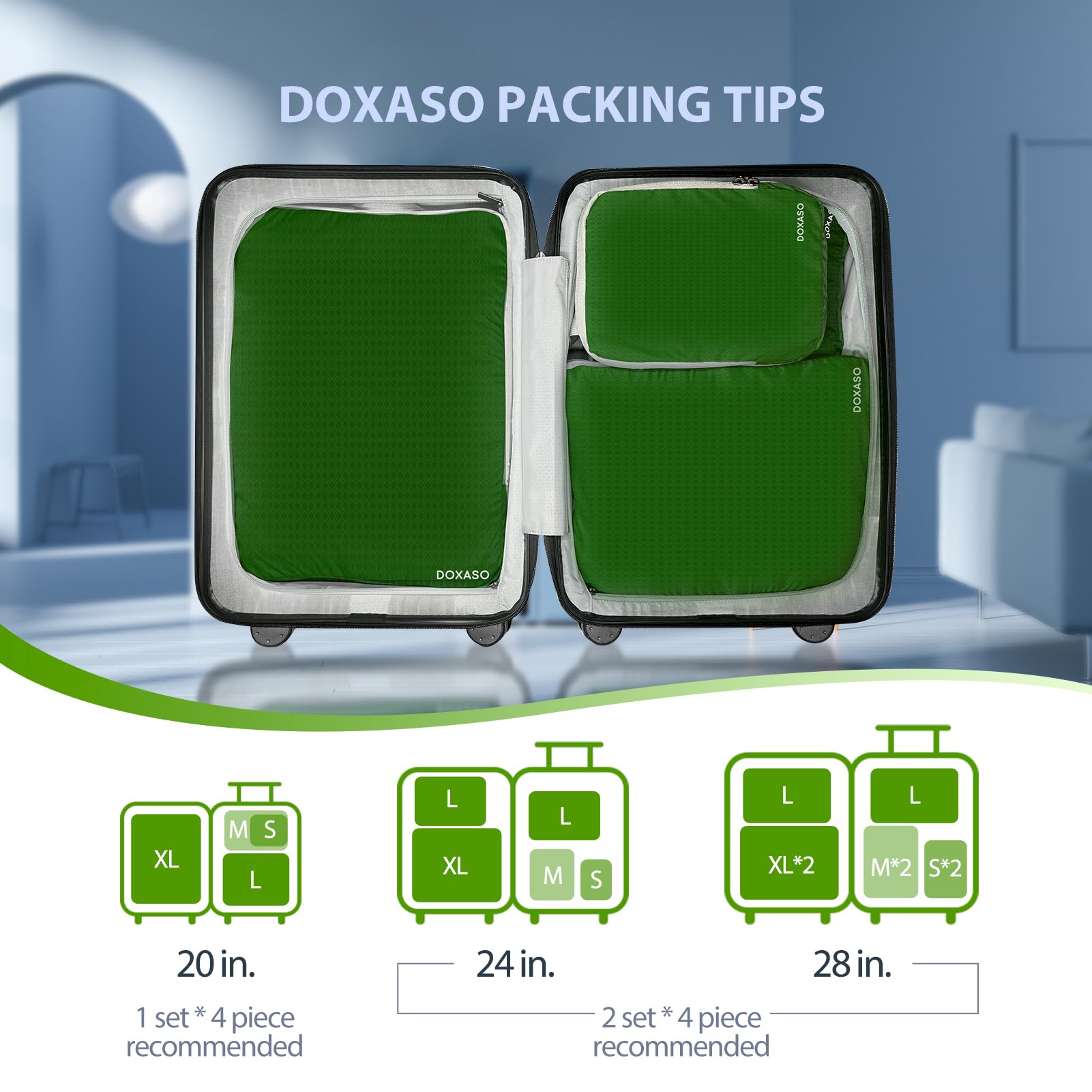 Lot de 4 cubes d'emballage de compression ultra légers et extensibles pour valise, sacs de rangement hydrofuges pour sac à dos (vert)