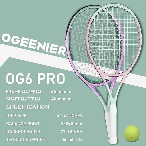 Miniatura 2 de OGEENIER Juego de raquetas de tenis de 27 pulgadas para adultos, raquetas de tenis preencordadas para principiantes, juego de tenis recreativo para