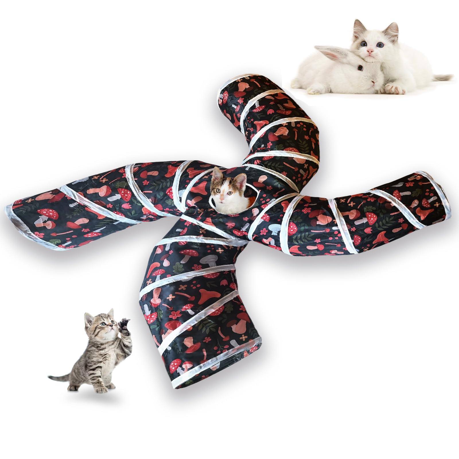 EGETOTA Cat Tunnel for Indoor Cats Large, with Play Ball S-Shape 5 Way Collapsible Interactive Peek Hole Pet Tube Toys, Puppy, Kitty, Kitten, Rabbit (S4 - Mushroom)