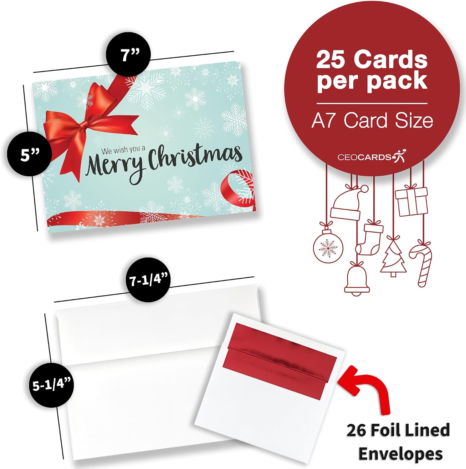 Merry Christmas Cards for Business & Family (Snowflakes & Red Bow) Bulk Greeting Card Set Pack of 25 Christmas Cards with Envelopes (5x7 inch - A7) Great for Office, Work, Employees & Clients H1603
