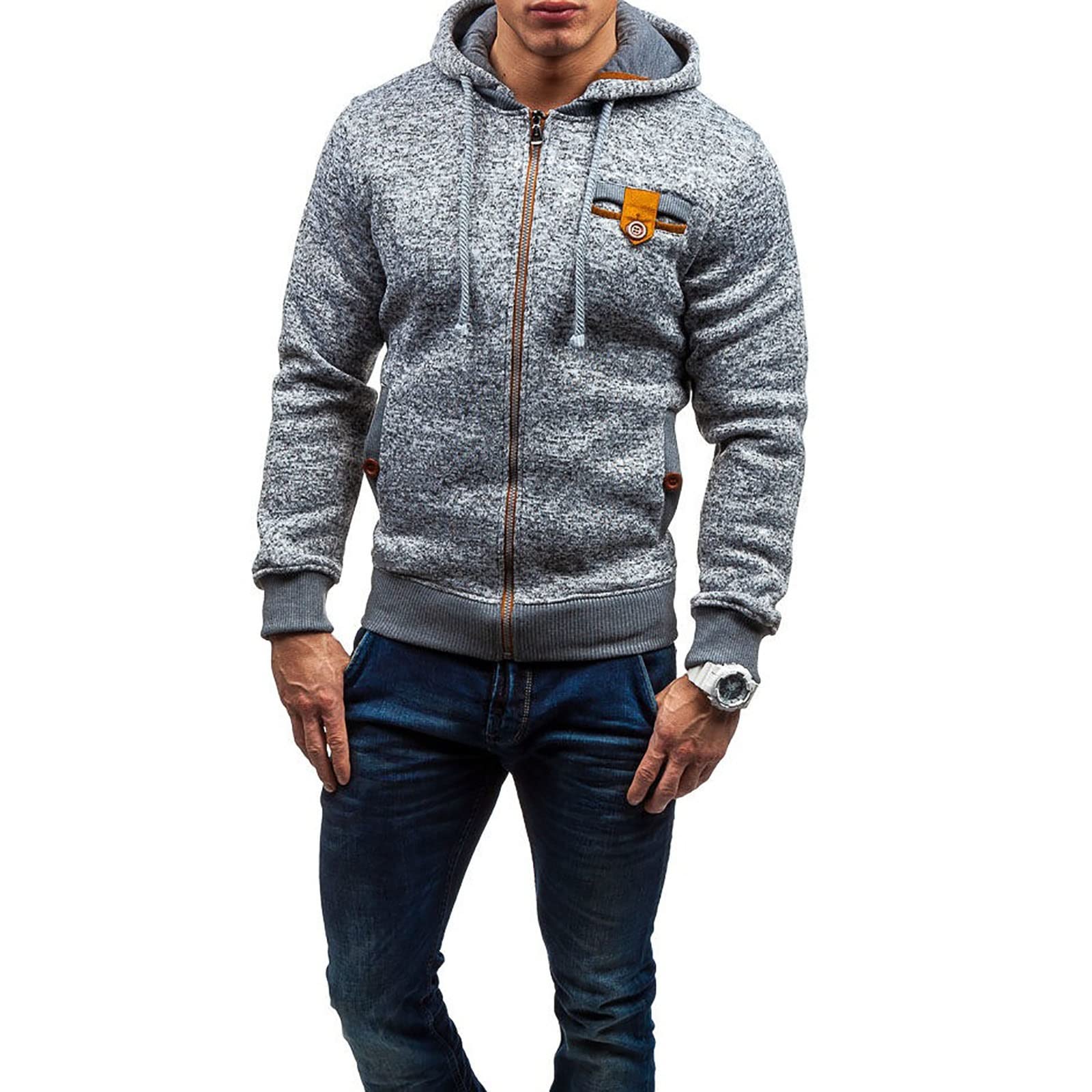 Chaqueta de punto de forro polar para hombre, sudadera con capucha con cordón y cuello redondo sólido para entrenamiento de fitness para todas las estaciones, para deportes al aire libre