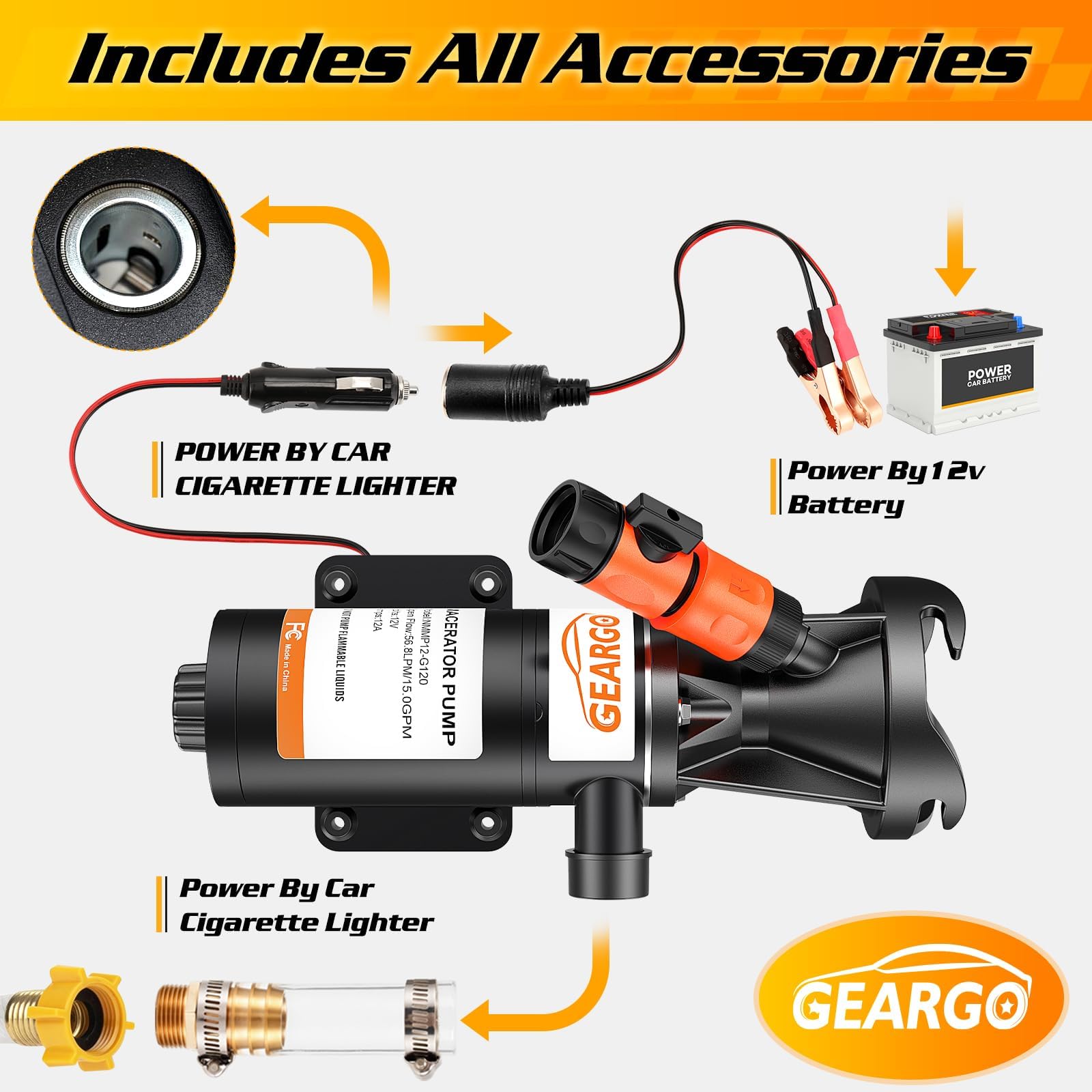 Lift Kit GEARGO RV Macerator Pump - 12V 15GPM Sewage Pump With 10ft Lift Kit GEARGO RV Macerator Pump - 12V 15GPM Sewage Pump With 10ft