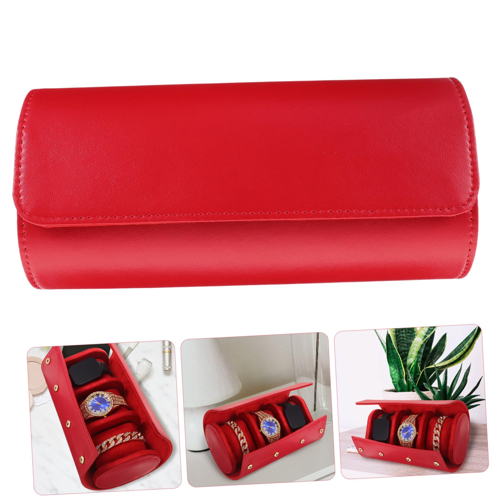 COLLBATH Estuche de Cuero Rojo Elegante y Fácil de Transportar para Reloj 3 Compartimentos Adecuado para Viajeros y Entusiastas de Relojes