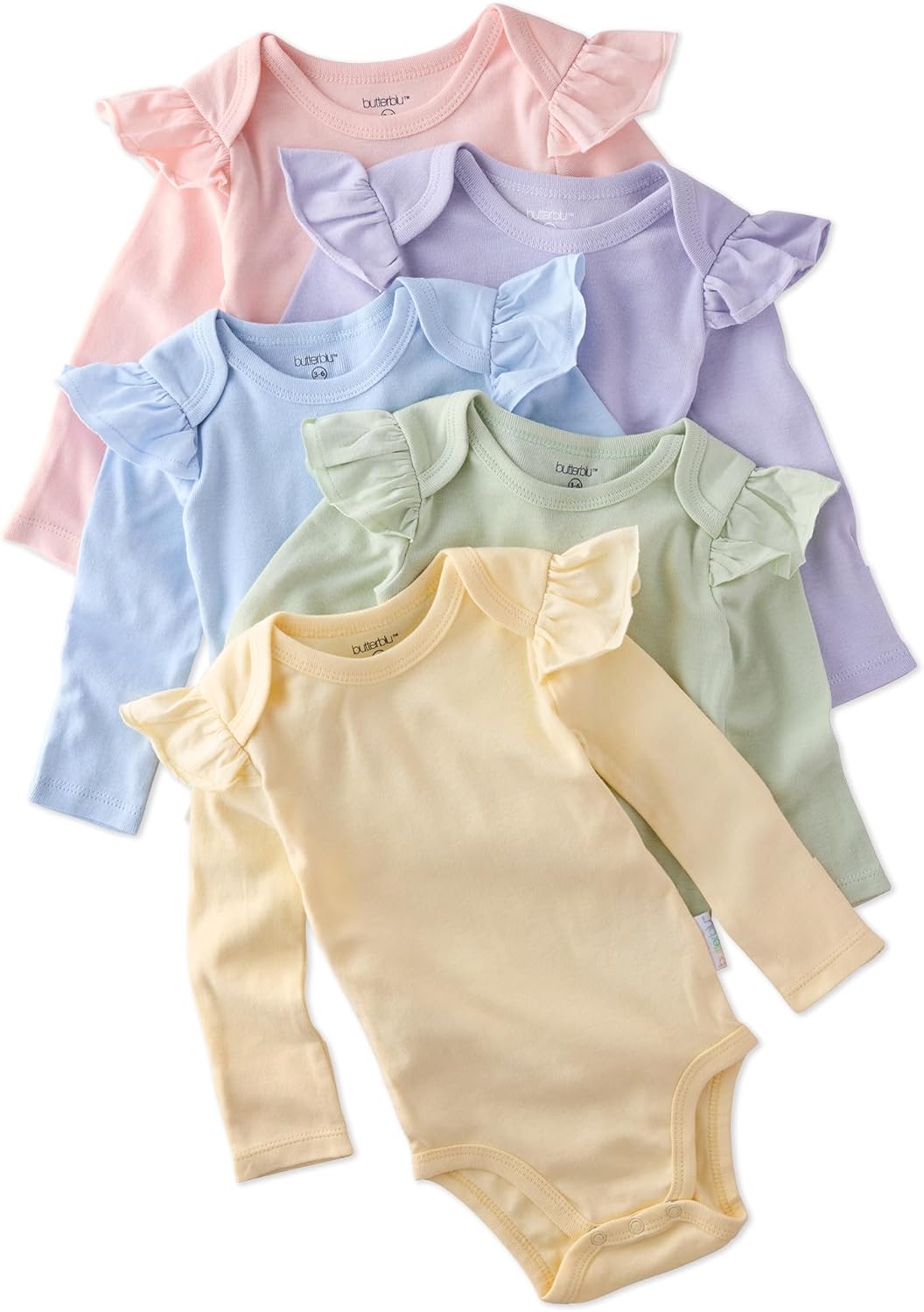 Ashley 5-Pack Long Sleeve Ruffle Shoulder Bodysuits 100% Organic for Baby Girls