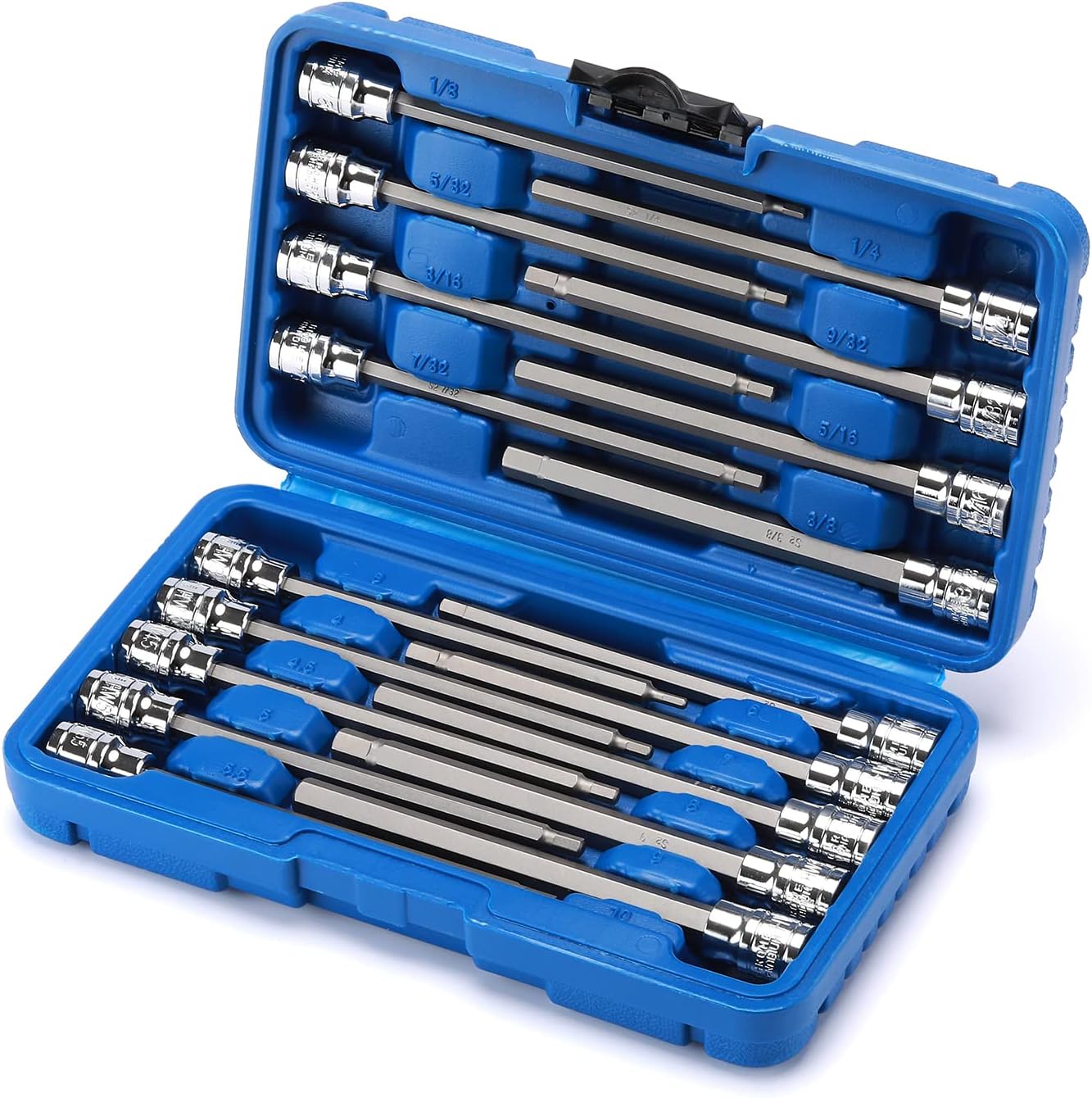 18 Pieces 3/8 Inch Drive Long Hex Bit Socket Set,1/8 Inch to 3/8 Inch, 3mm to 10mm, SAE&Metric, Extra Long Allen Hex Bit Socket Set, CR-V and S2 Steel