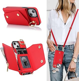 Lipvina for iPhone 13 Mini Case Wallet with Strap for Women,Crossbody Lanyard and Wristlet Strap,Zipper Pocket,Credit Card Holder,Ring Stand,RFID Blocking Phone Wallet Cases(5.4 inch,Red)
