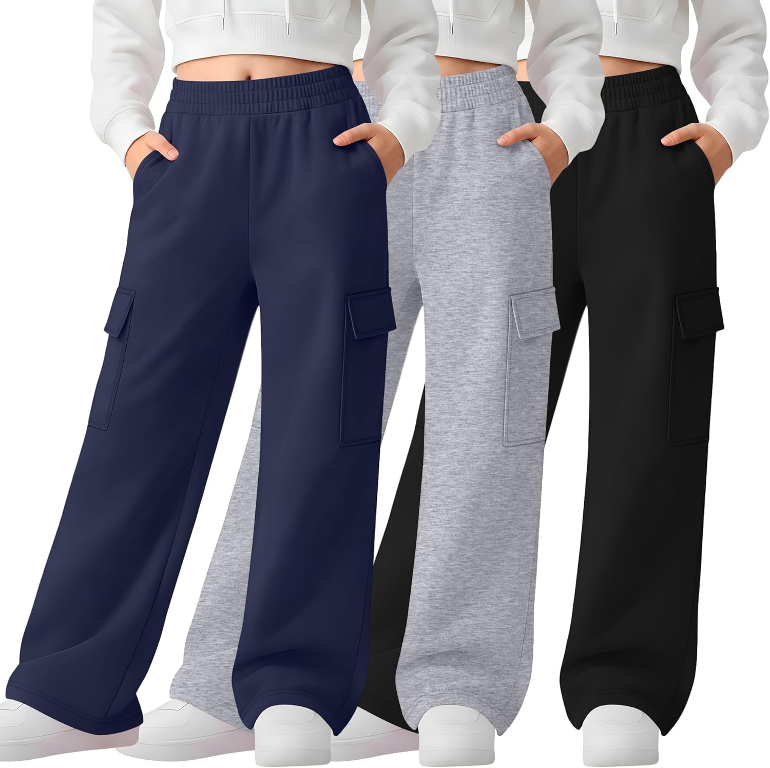 LessonZoo 3 Pack Girl's Wide Leg Sweatpants Cargo Pants Lightweight Baggy High Waisted Joggers Teen Girl Pants with Pockets