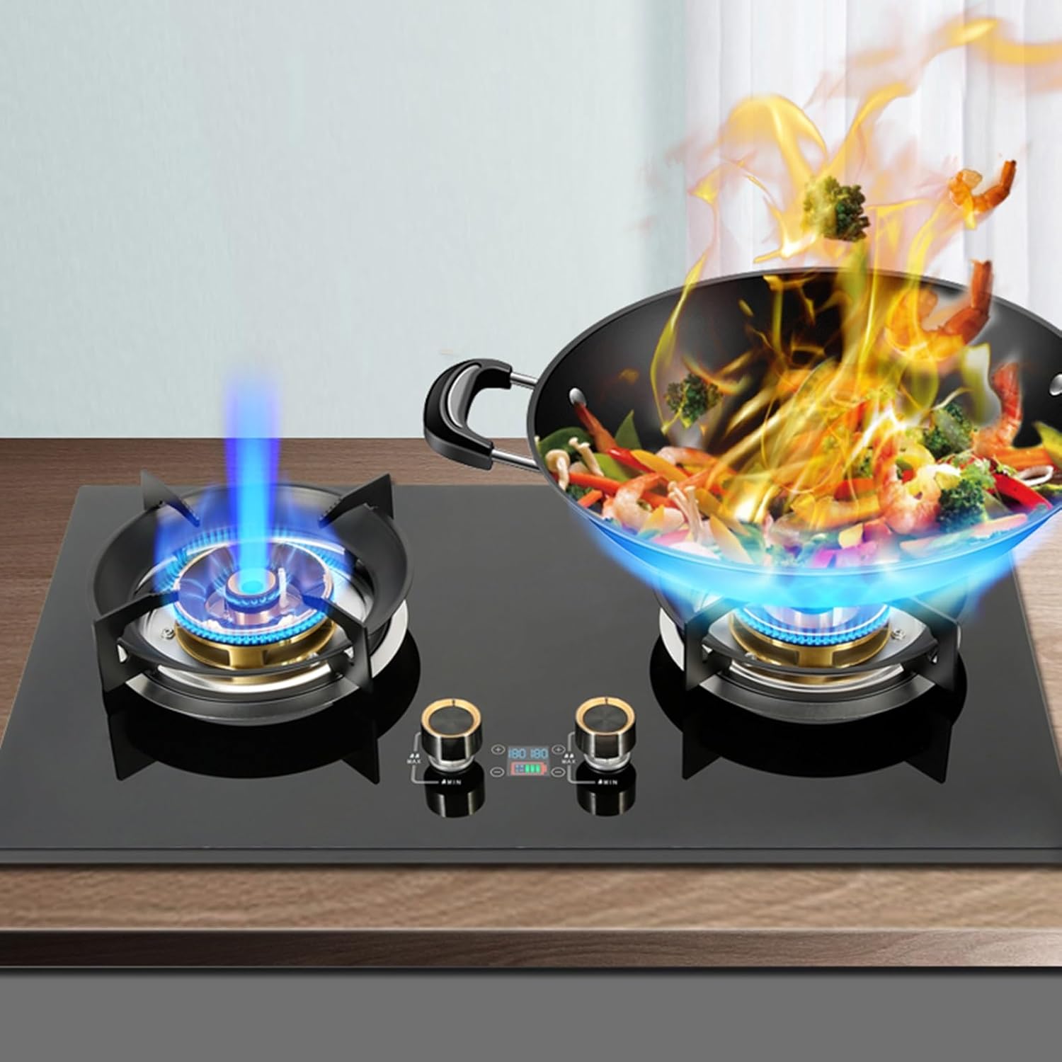 Camping Gas Stove,5.2KW Fire Ring Countertop,Tempered Glass Cooktop 2 Burners,NG/LPG Source Kit,with Flameout Protection(NG)
