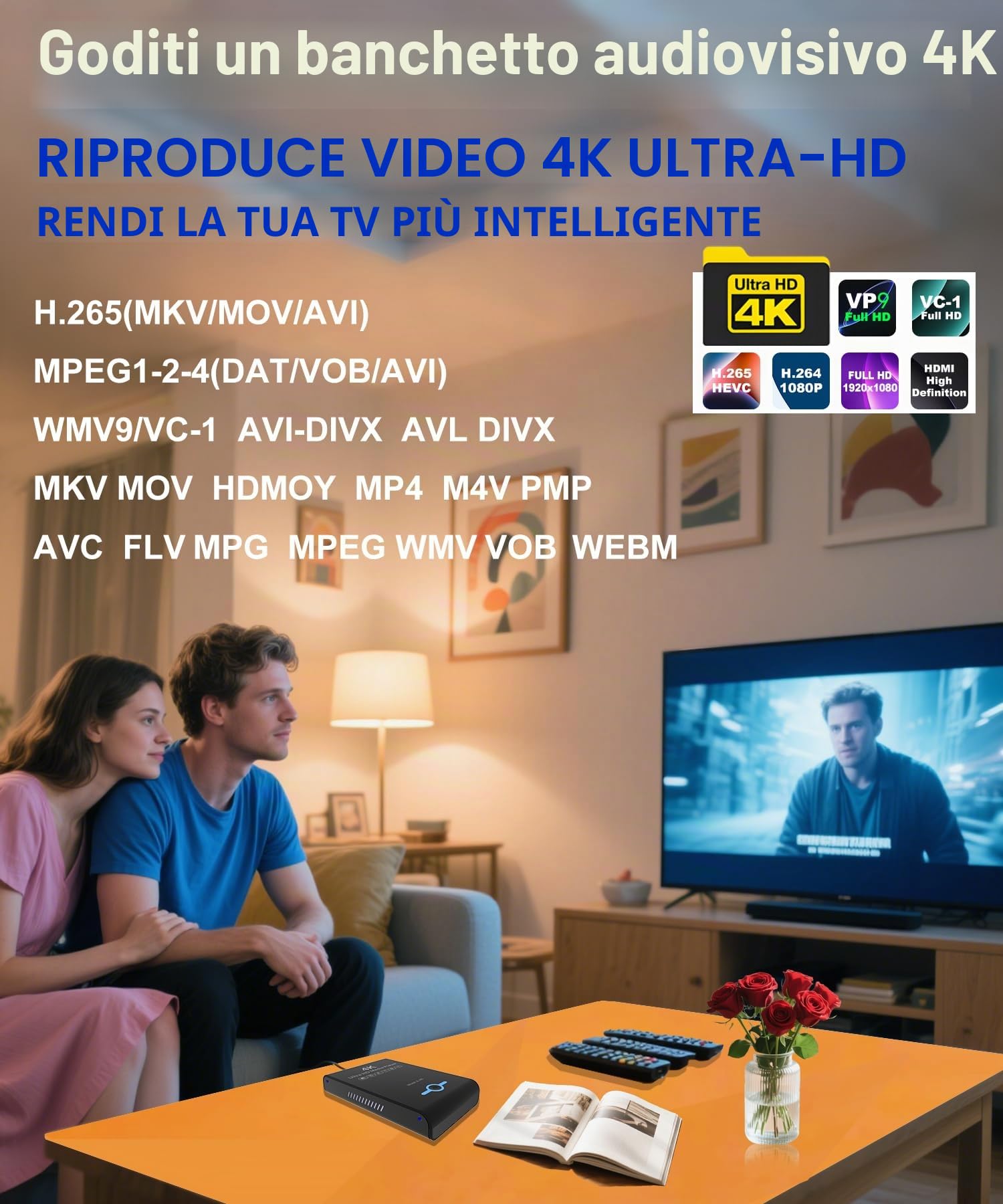 4K Ultra HD Media Player & HDD Enclosure 2-in-1: Riproduci H.265/HEVC, H.264/AVC MP4, video MKV, musica MP3, foto JPG, HDMI 4K, AV analogico, supporta 2 pollici, 2.5