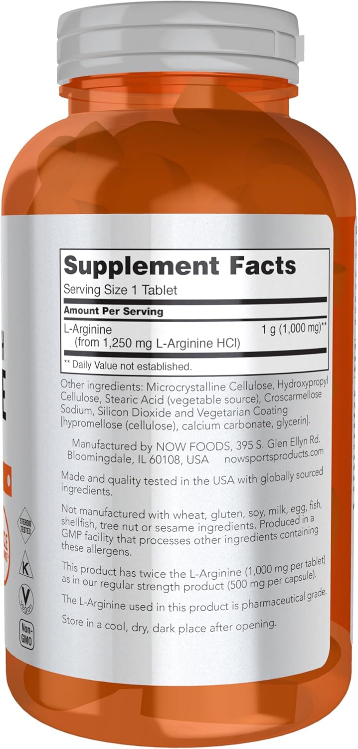 Now Foods Sports Nutrition, L-Arginine Double Strength 1000mg, Nitric Oxide Precursor, Amino Acids, 180 Tablets - Image 2