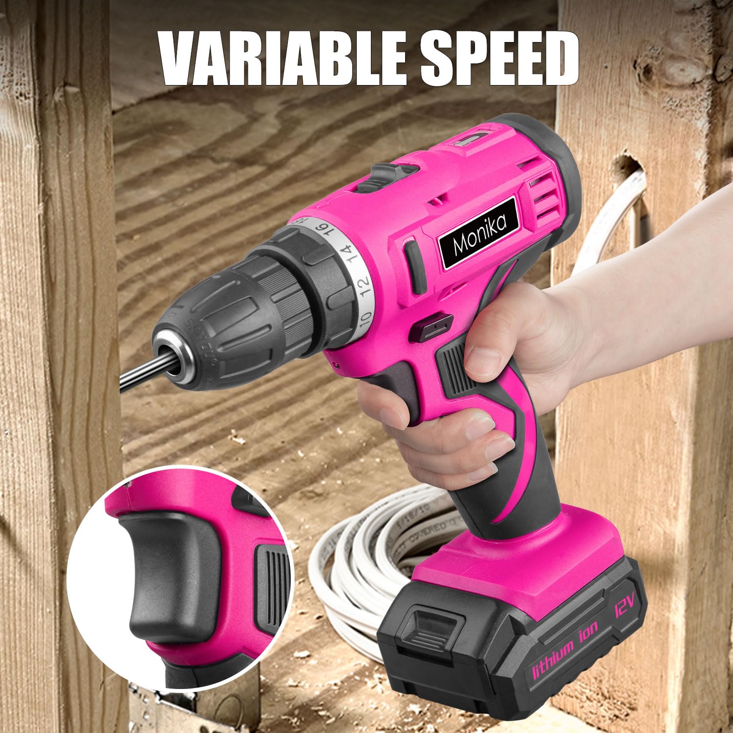 Monika Juego de brocas inalámbricas de litio rosa de 12 V, juego de brocas de tornillo, 18+1 ajuste de par, luz LED, taladro eléctrico para el hogar, oficina, bricolaje y perforación de pared, madera